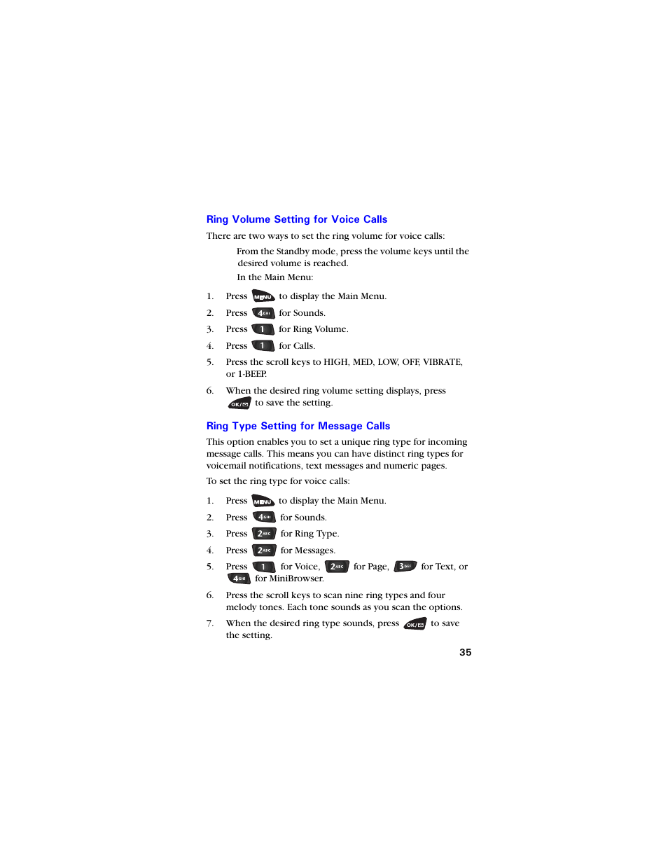 Ring volume setting for voice calls, Ring type setting for message calls | Samsung SCH-3550 User Manual | Page 47 / 110