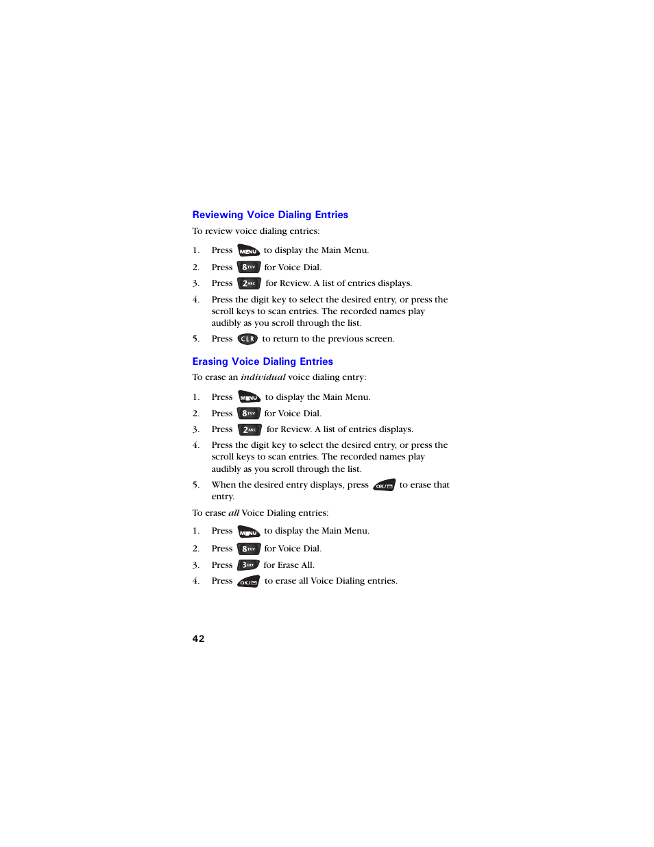 Reviewing voice dialing entries, Erasing voice dialing entries | Samsung SCH-3550 User Manual | Page 54 / 110