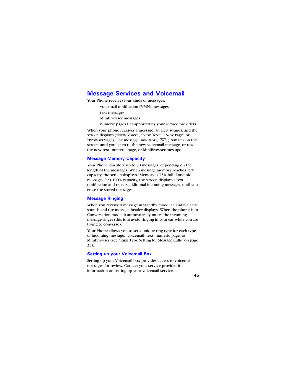 Message services and voicemail, Message memory capacity, Message ringing | Setting up your voicemail box, Guucig 5gtxkegu cpf 8qkegockn | Samsung SCH-3550 User Manual | Page 57 / 110