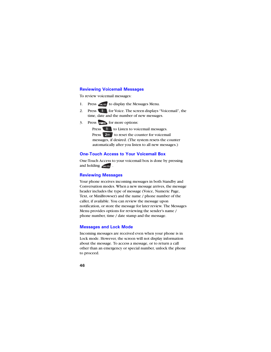 Reviewing voicemail messages, One-touch access to your voicemail box, Reviewing messages | Messages and lock mode | Samsung SCH-3550 User Manual | Page 58 / 110