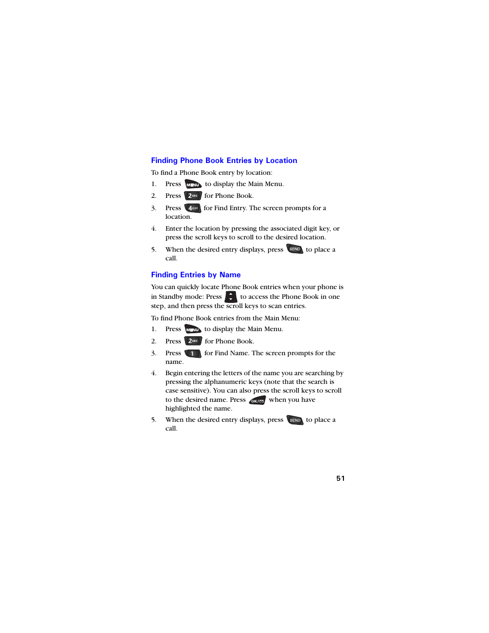 Finding phone book entries by location, Finding entries by name, Finding phone book entries by location 51 | Samsung SCH-3550 User Manual | Page 63 / 110