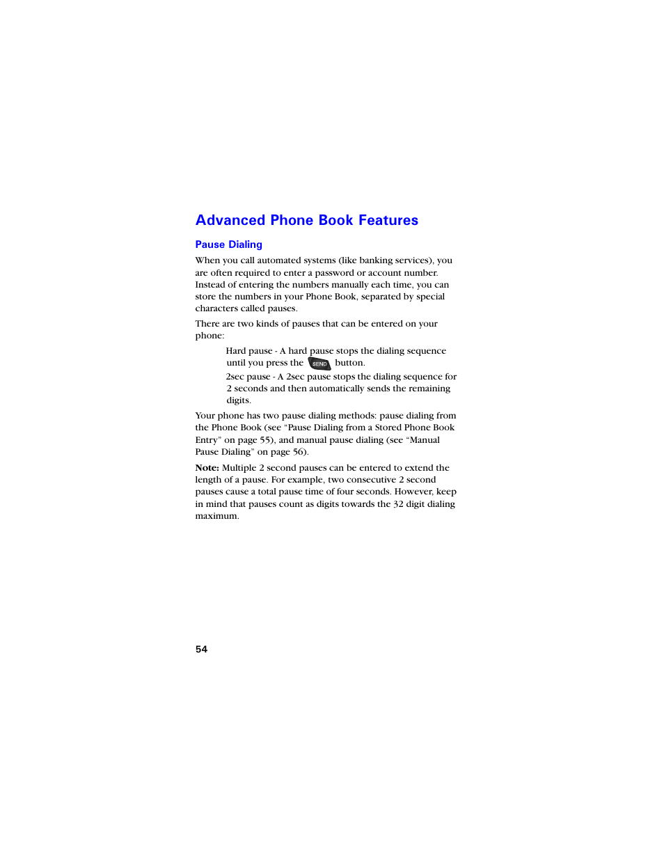 Advanced phone book features, Pause dialing, Fxcpegf 2jqpg $qqm (gcvwtgu | Pause dialing 54 | Samsung SCH-3550 User Manual | Page 66 / 110