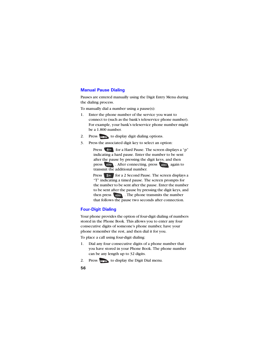 Manual pause dialing, Four-digit dialing, Manual pause dialing 56 four-digit dialing 56 | Samsung SCH-3550 User Manual | Page 68 / 110