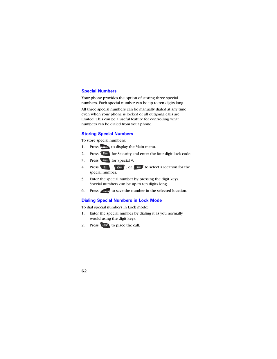 Special numbers, Storing special numbers, Dialing special numbers in lock mode | Samsung SCH-3550 User Manual | Page 74 / 110