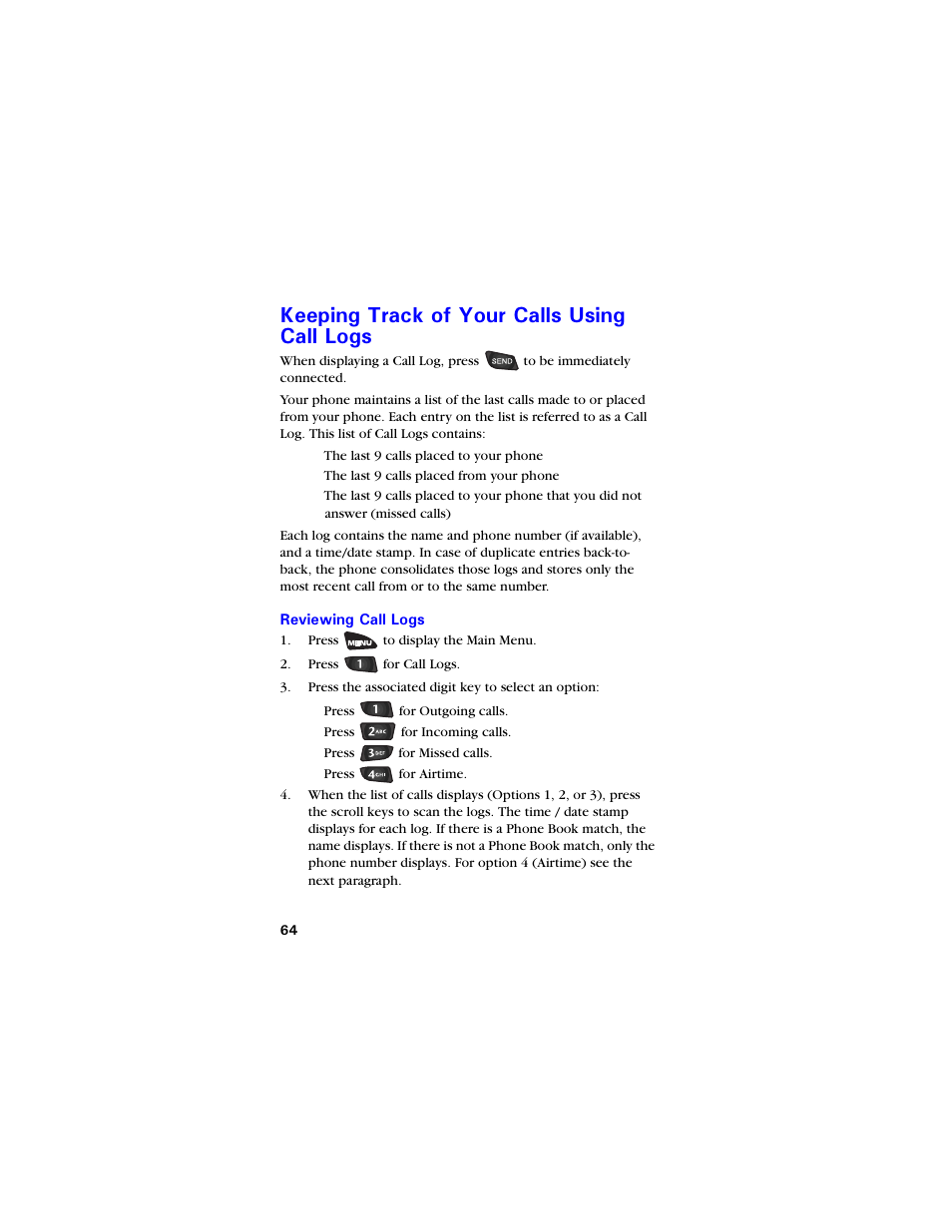 Keeping track of your calls using call logs, Reviewing call logs, Ggrkpi 6tcem qh ;qwt %cnnu 7ukpi %cnn .qiu | Reviewing call logs 64, Ee “keeping track of your | Samsung SCH-3550 User Manual | Page 76 / 110