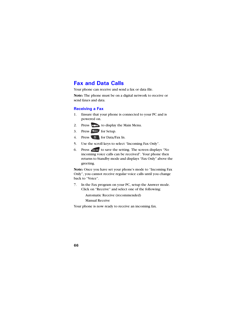 Fax and data calls, Receiving a fax, Cz cpf &cvc %cnnu | Receiving a fax 66 | Samsung SCH-3550 User Manual | Page 78 / 110