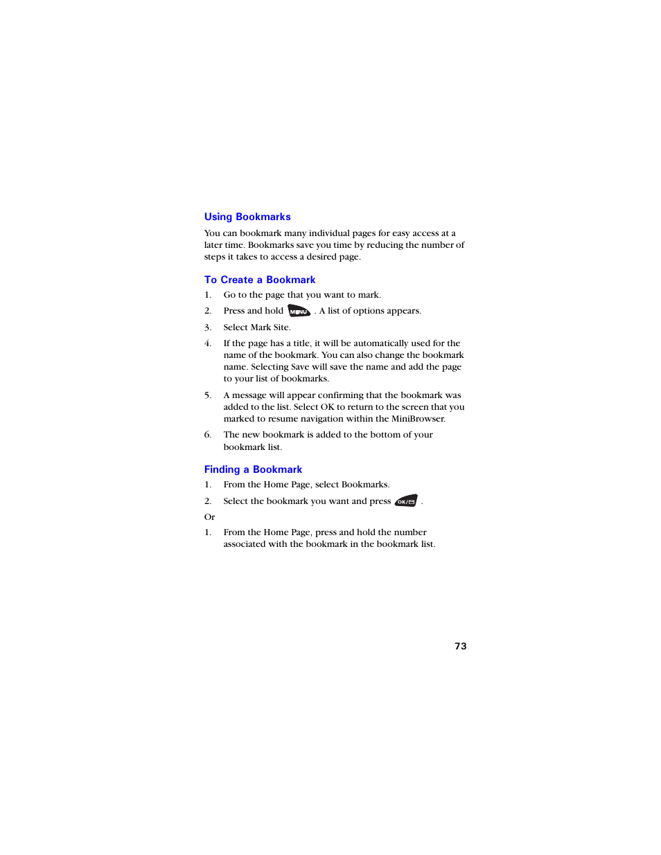 Using bookmarks, To create a bookmark, Finding a bookmark | Samsung SCH-3550 User Manual | Page 85 / 110