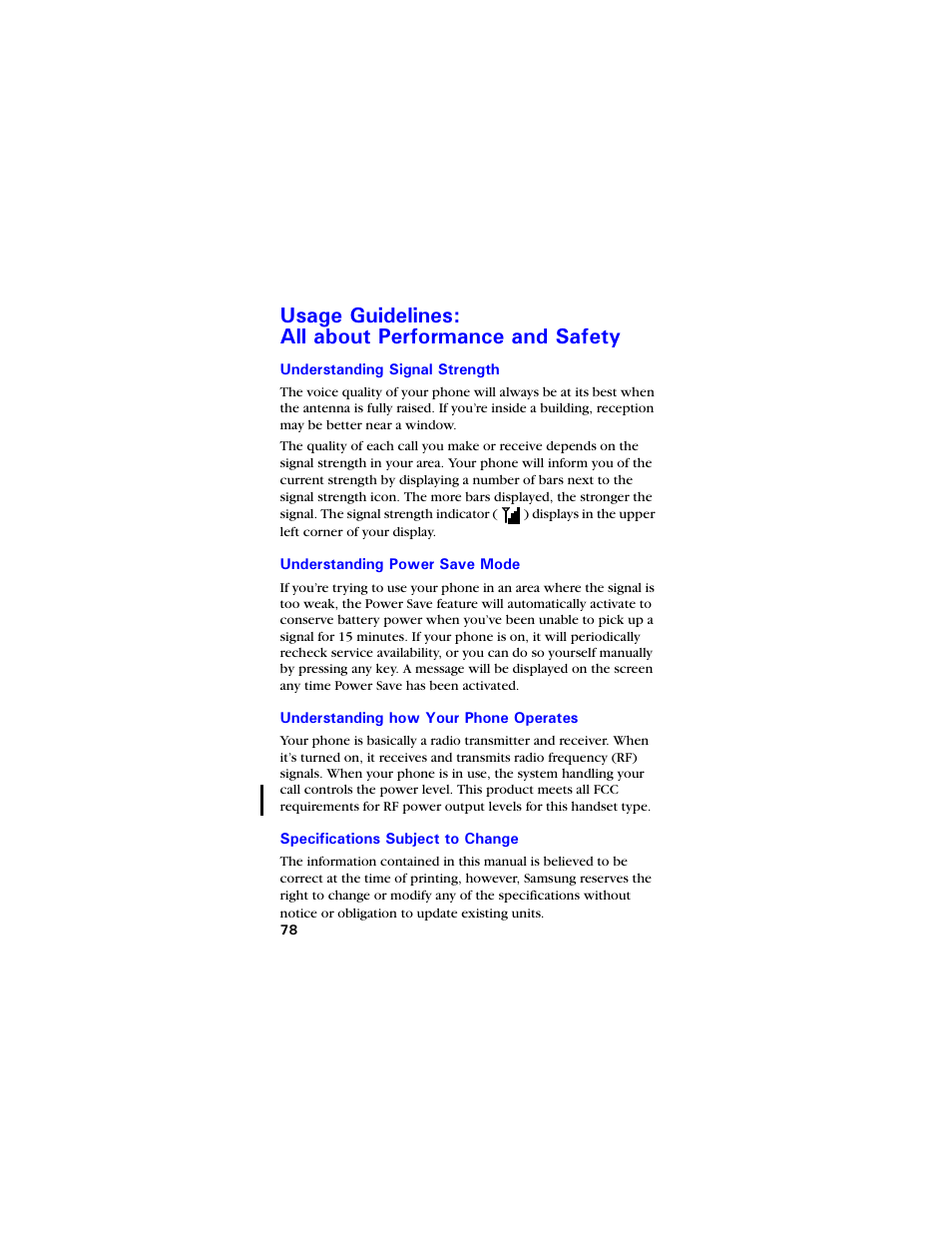 Usage guidelines: all about performance and safety, Understanding signal strength, Understanding power save mode | Understanding how your phone operates, Specifications subject to change, 7ucig )wkfgnkpgu, Nn cdqwv 2gthqtocpeg cpf 5chgv, 7ucig )wkfgnkpgu #nn cdqwv 2gthqtocpeg cpf 5chgv | Samsung SCH-3550 User Manual | Page 90 / 110