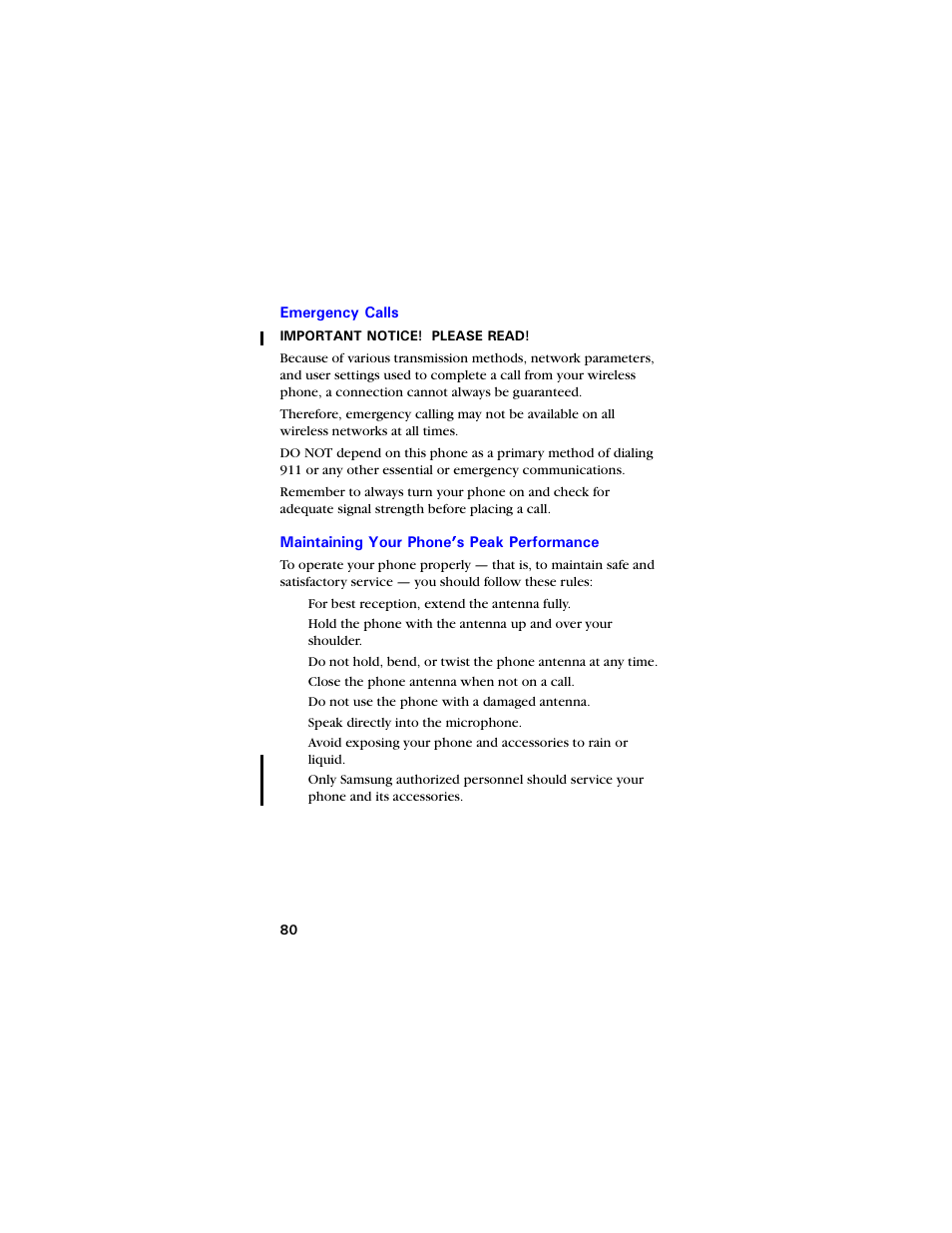 Emergency calls, Maintaining your phone’s peak performance | Samsung SCH-3550 User Manual | Page 92 / 110