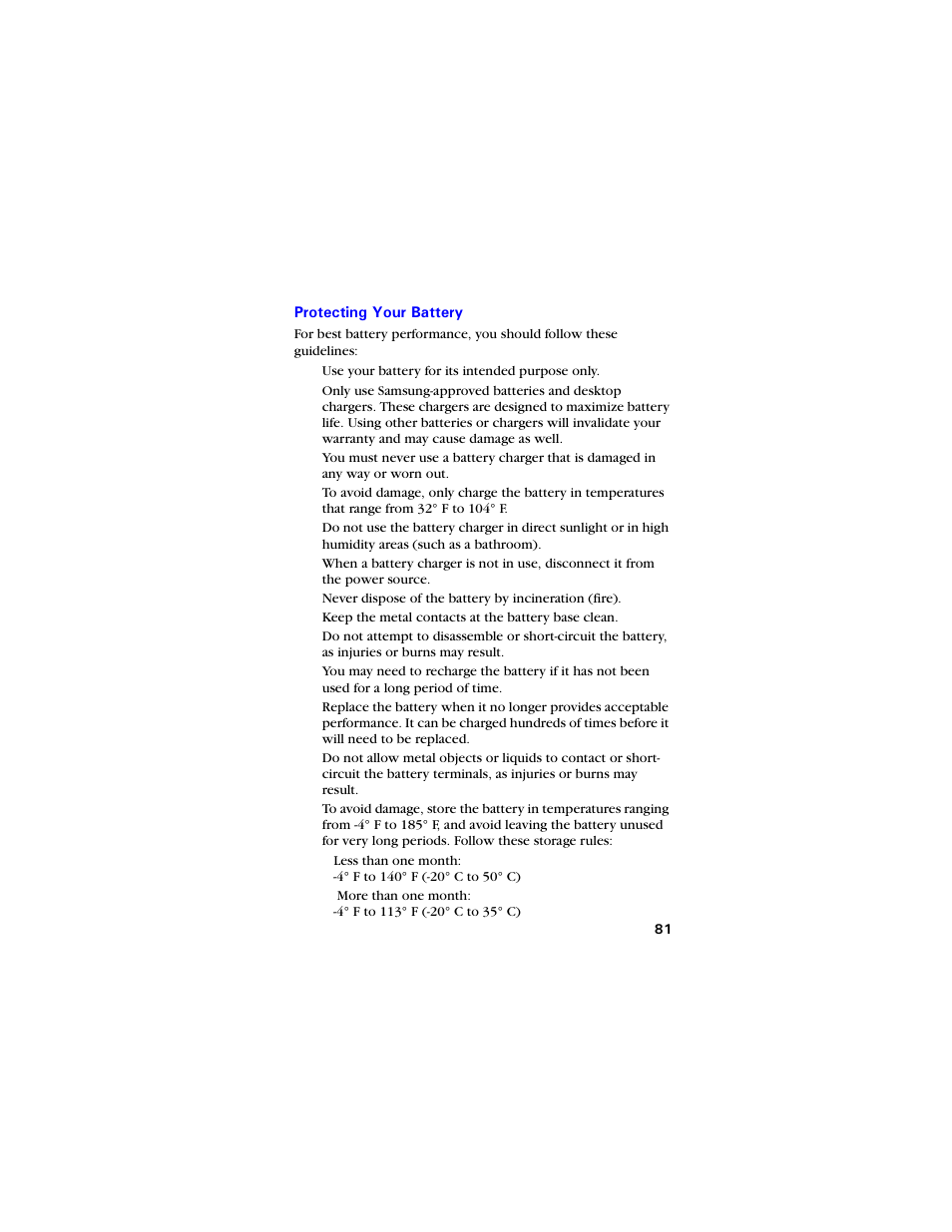 Protecting your battery, Protecting your battery 81 | Samsung SCH-3550 User Manual | Page 93 / 110