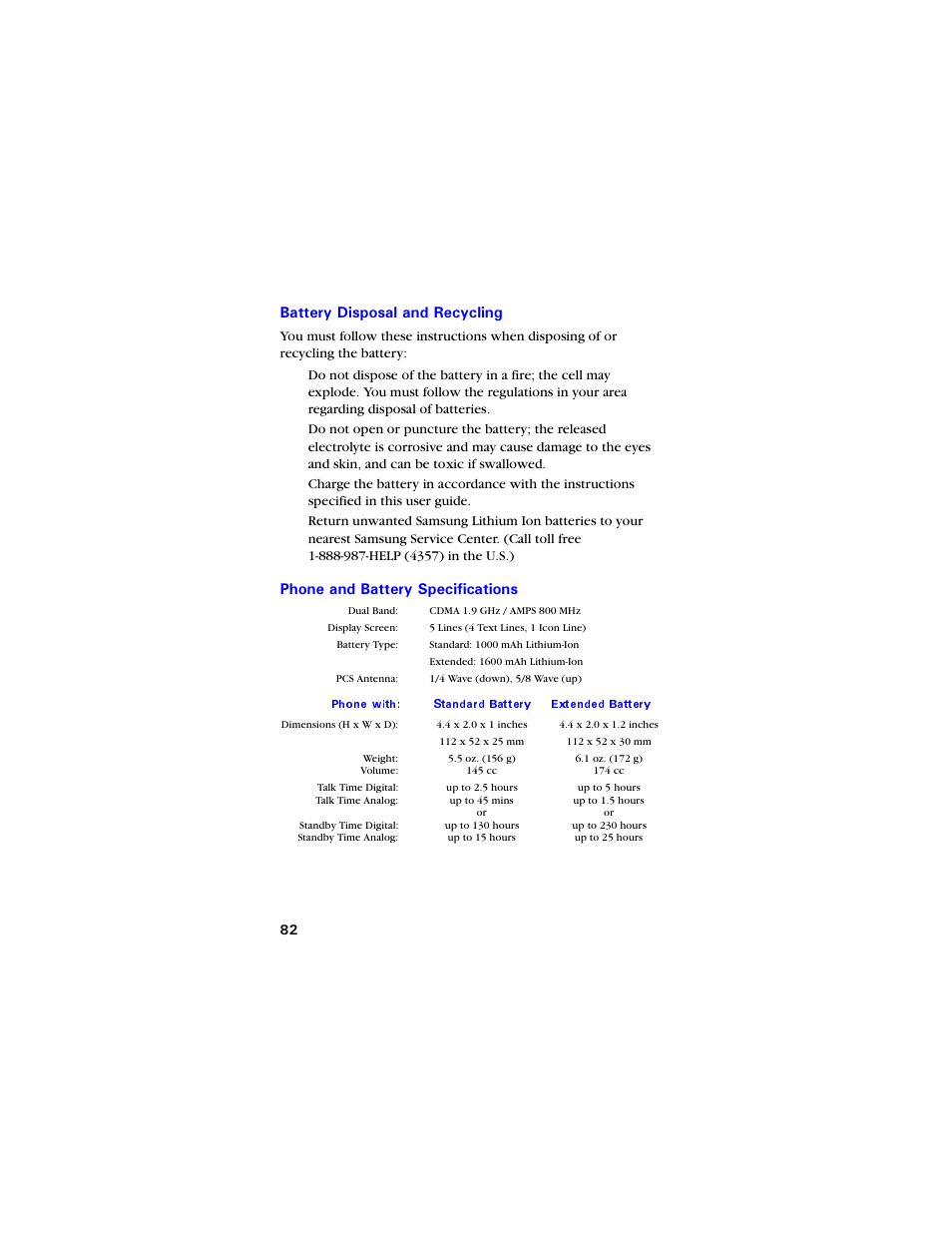 Battery disposal and recycling, Phone and battery specifications, Cvvgt[ &kurqucn cpf 4ge[enkpi | 2jqpg cpf $cvvgt[ 5rgekhkecvkqpu | Samsung SCH-3550 User Manual | Page 94 / 110