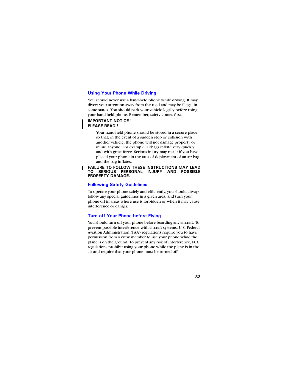 Using your phone while driving, Following safety guidelines, Turn off your phone before flying | Using your phone while driving 83, Turn off your phone before flying 83 | Samsung SCH-3550 User Manual | Page 95 / 110