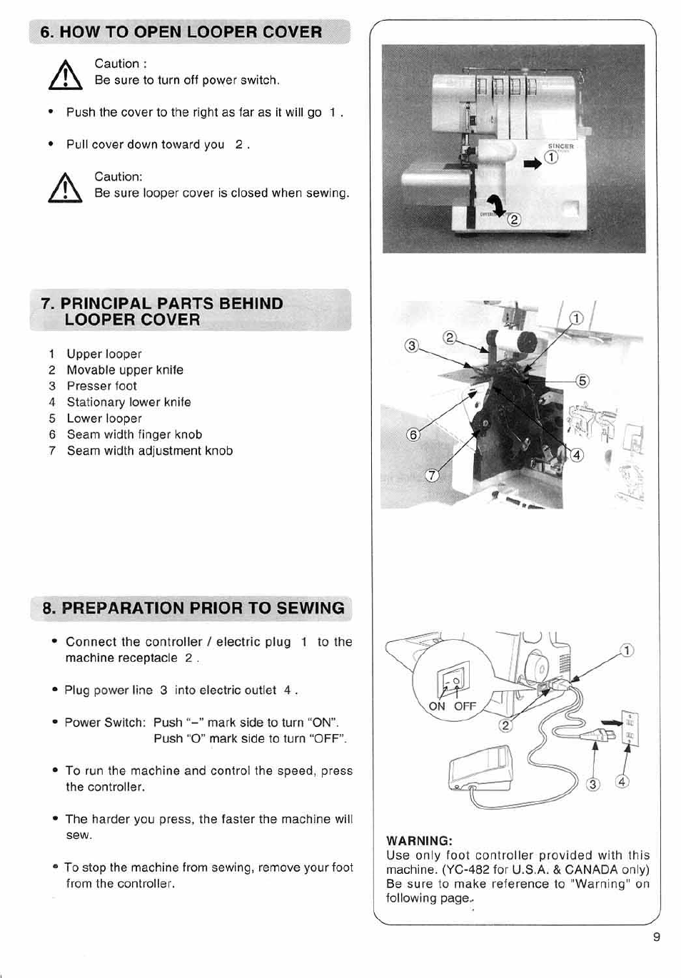 How to open looper cover, Principal parts behind looper cover, Preparation prior to sewing | SINGER 14SH644 User Manual | Page 10 / 48