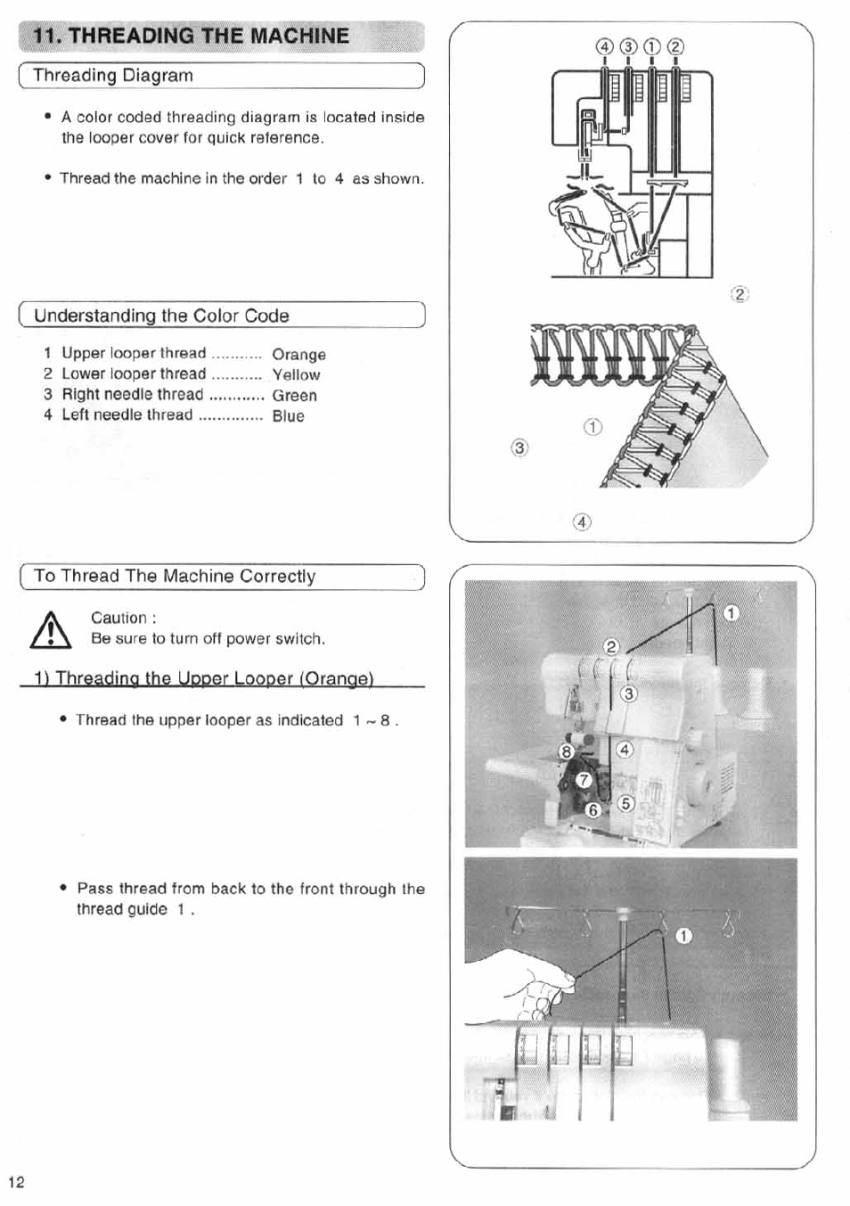 Threading the machine, Threading diagram, Understanding the color code | To thread the machine correctly, 1) threading the upper looper (oranqet, 1) threading the upper looper (orange) | SINGER 14SH644 User Manual | Page 13 / 48