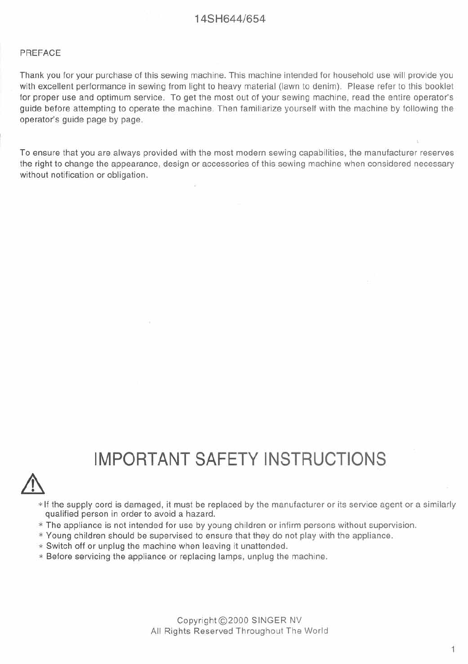 14sh644/654, Important safety instructions | SINGER 14SH644 User Manual | Page 2 / 48