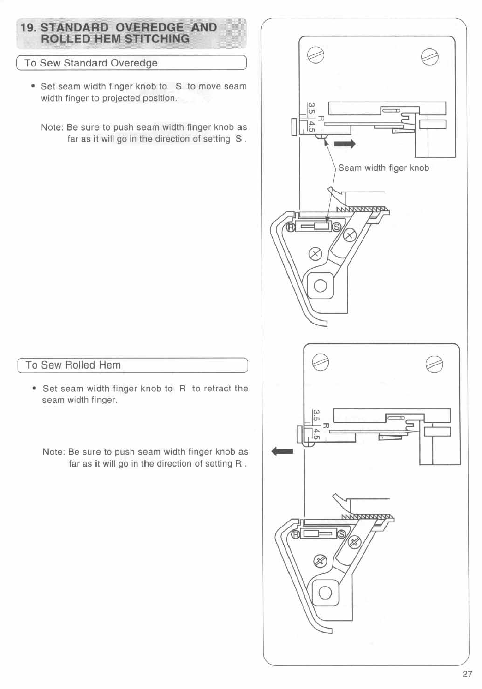 Standard overedge and rolled hem stitching, To sew standard qveredge, To sew rolled hem | Standard overedge and rolled hem stitching.27, To sew standard overedge • to sew rolled hem | SINGER 14SH644 User Manual | Page 28 / 48