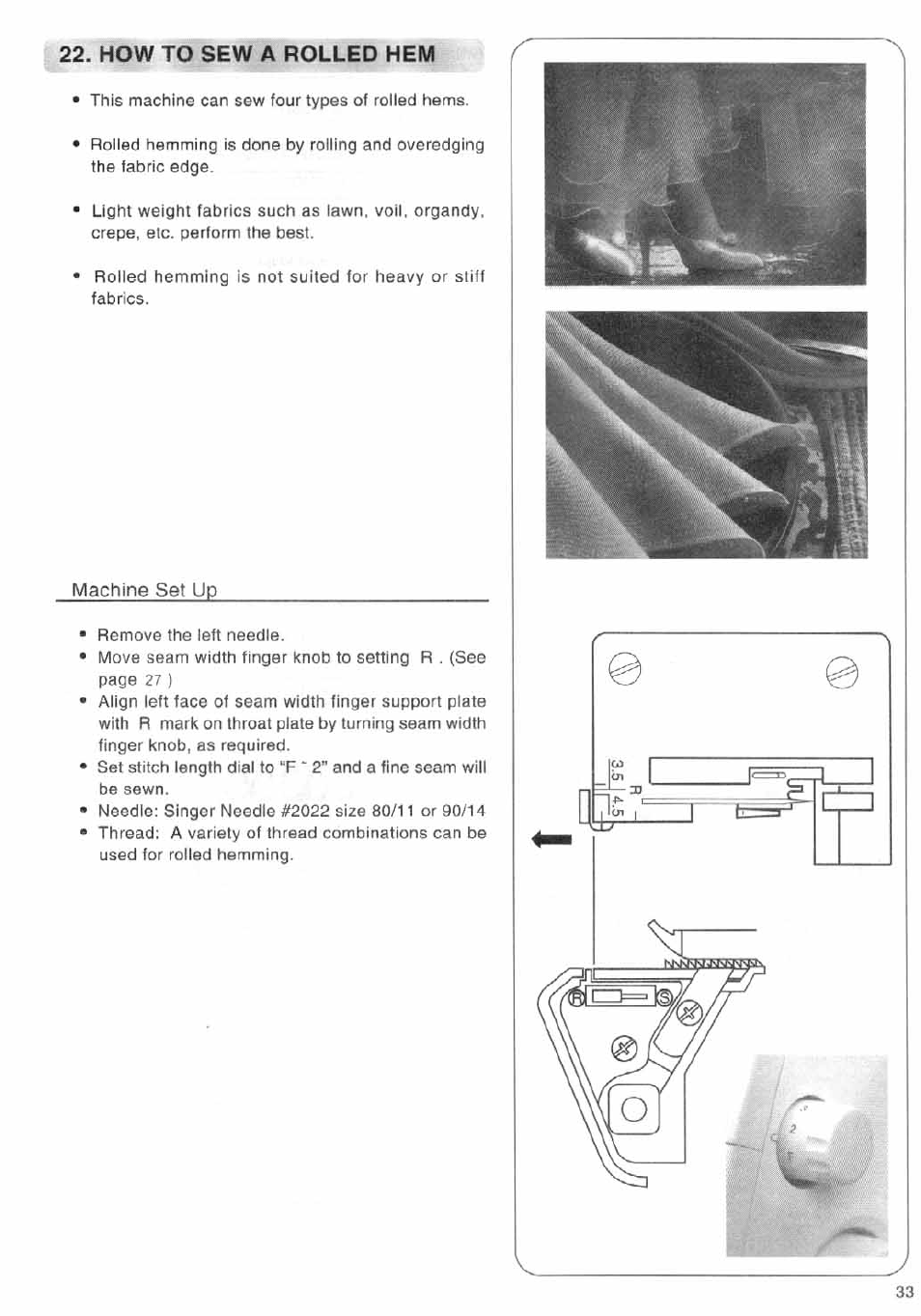 How to sew a rolled hem, Machine set up | SINGER 14SH644 User Manual | Page 34 / 48