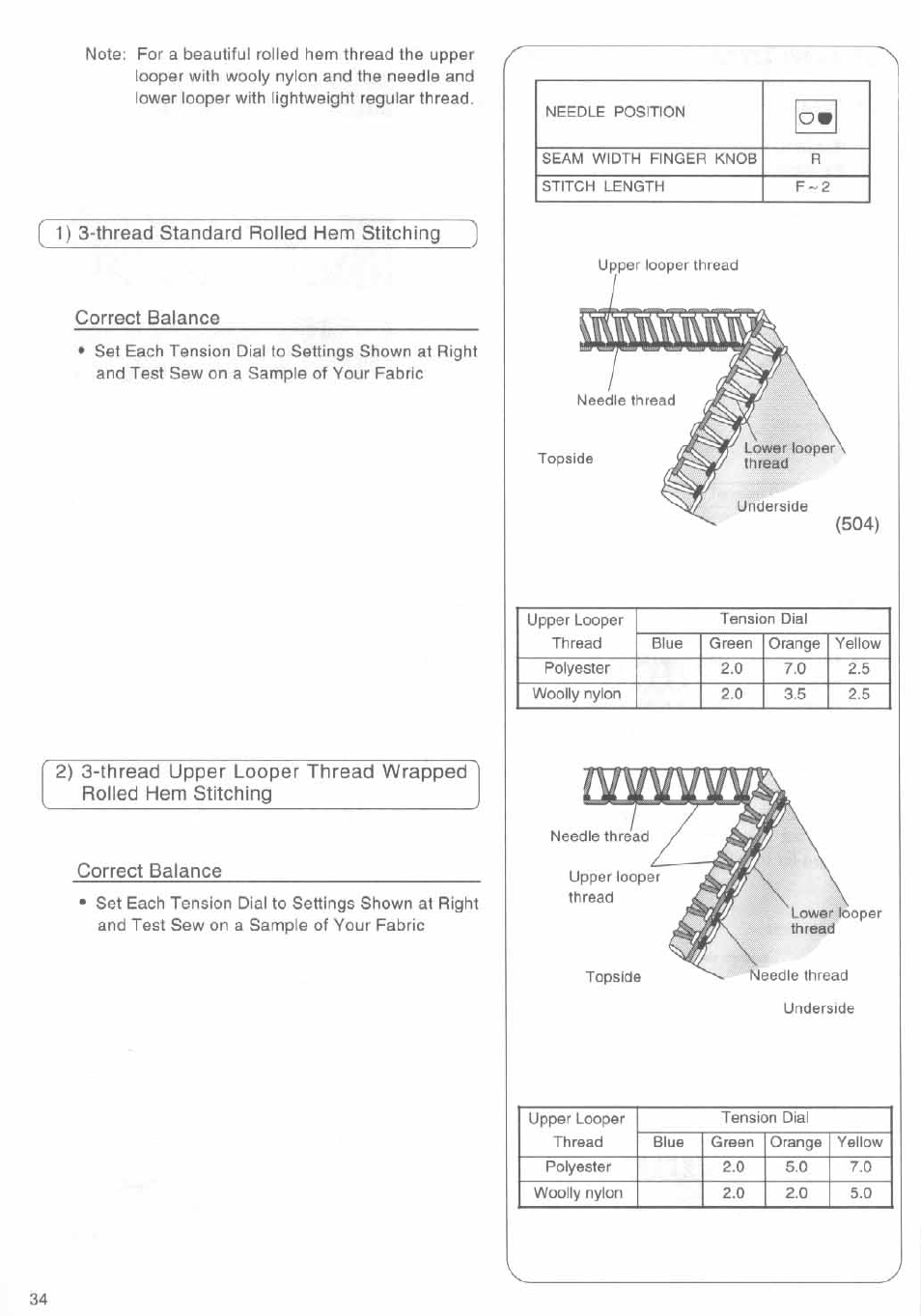 1) 3-thread standard rolled hem stitching, Correct balance | SINGER 14SH644 User Manual | Page 35 / 48