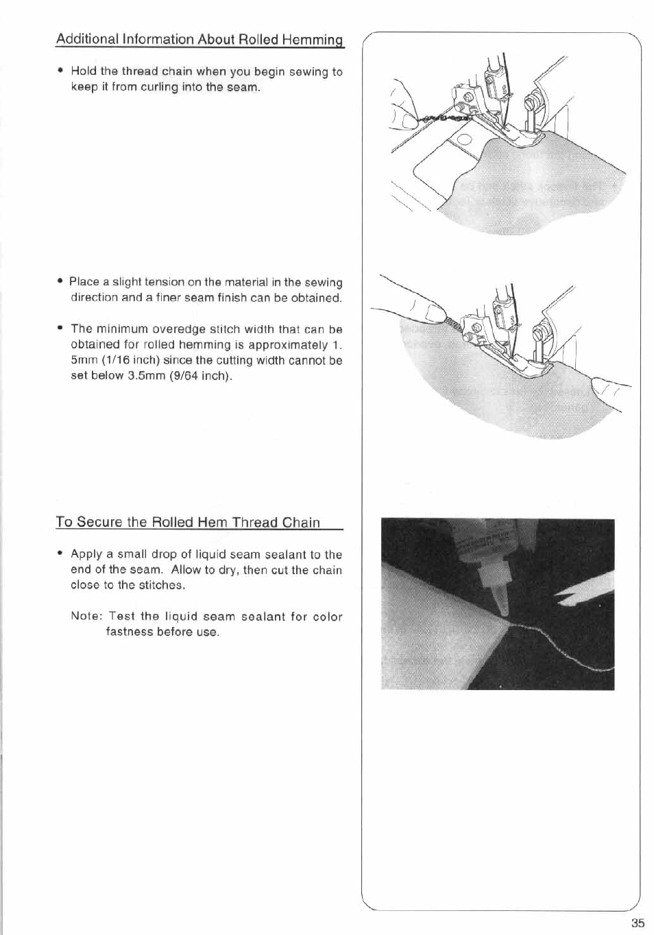 Additional information about rolled hemming, To secure the rolled hem thread chain | SINGER 14SH644 User Manual | Page 36 / 48