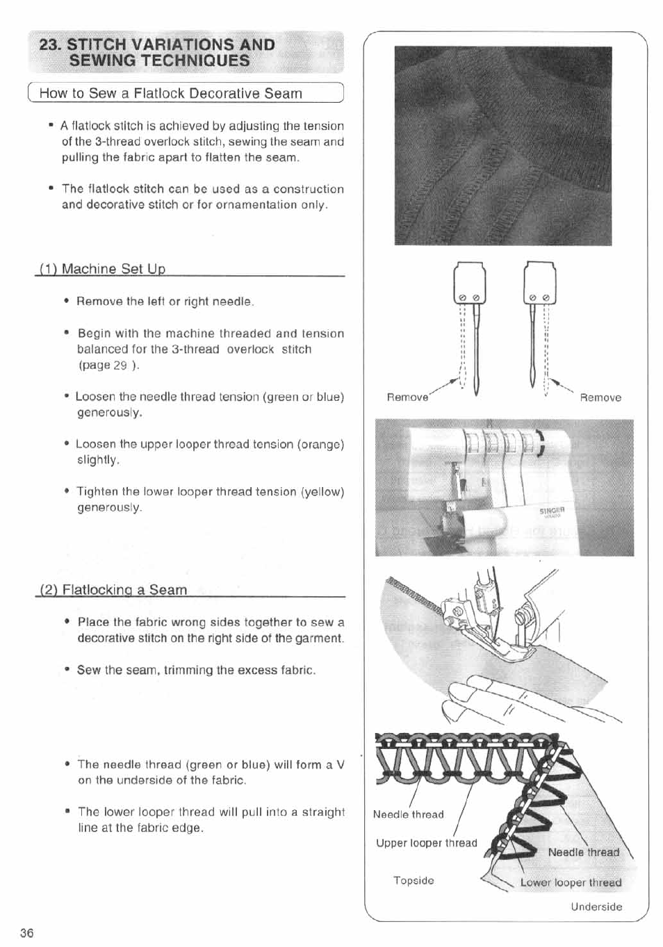 Stitch variations and sewing techniques, How to sew a flatlock decorative seam, 1) machine set up | 2) flatlocking a seam, Stitch variations and sewing techniques r | SINGER 14SH644 User Manual | Page 37 / 48