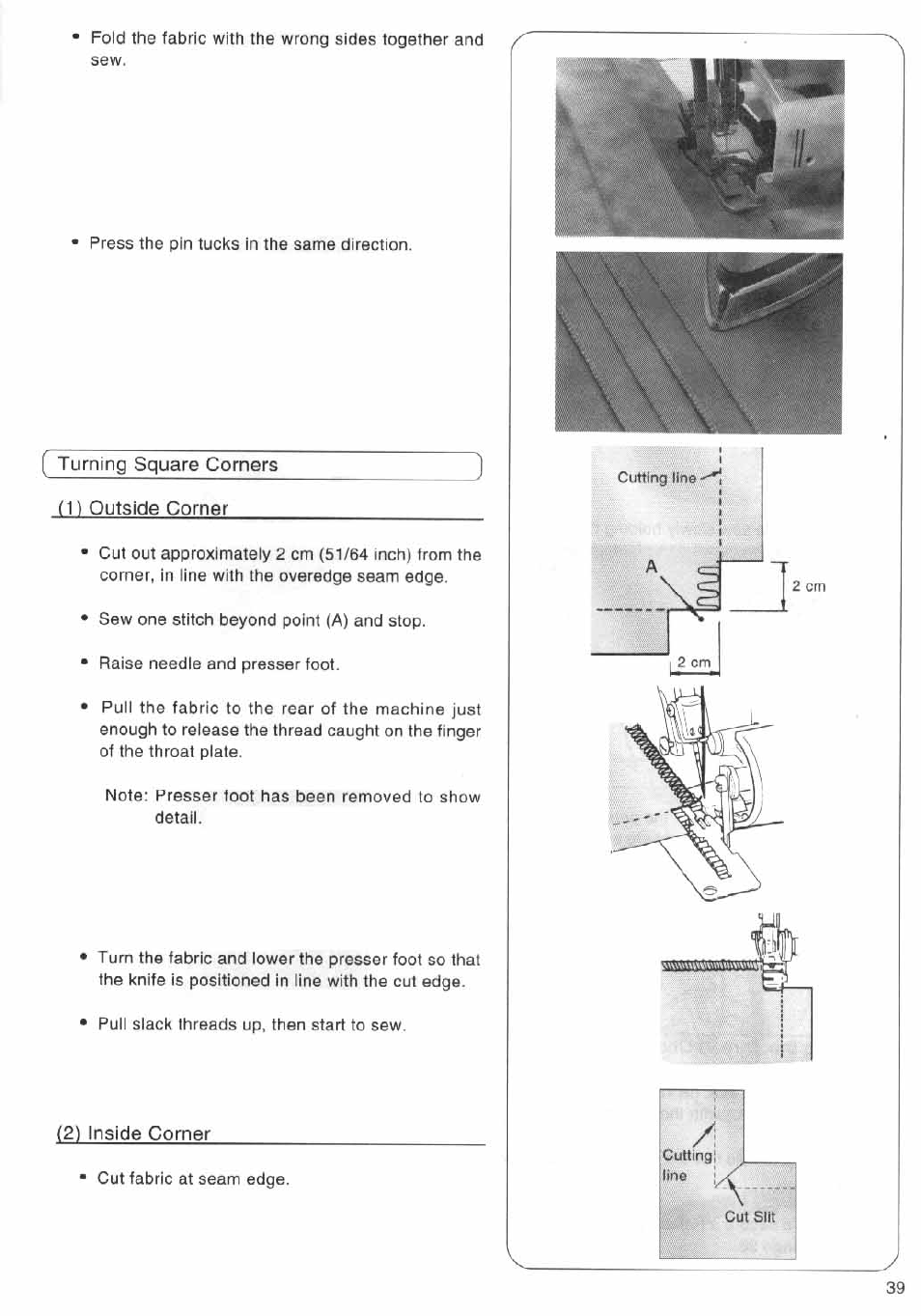 Turning square corners, 1) outside corner, 2) inside corner | SINGER 14SH644 User Manual | Page 40 / 48