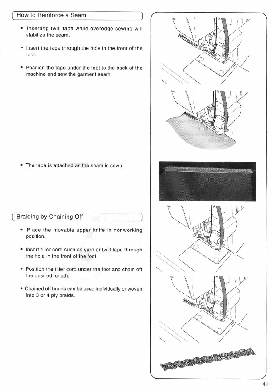 How to reinforce a seam, Braiding by chaining off, How to reinforce a seam •braiding by chaining off | SINGER 14SH644 User Manual | Page 42 / 48