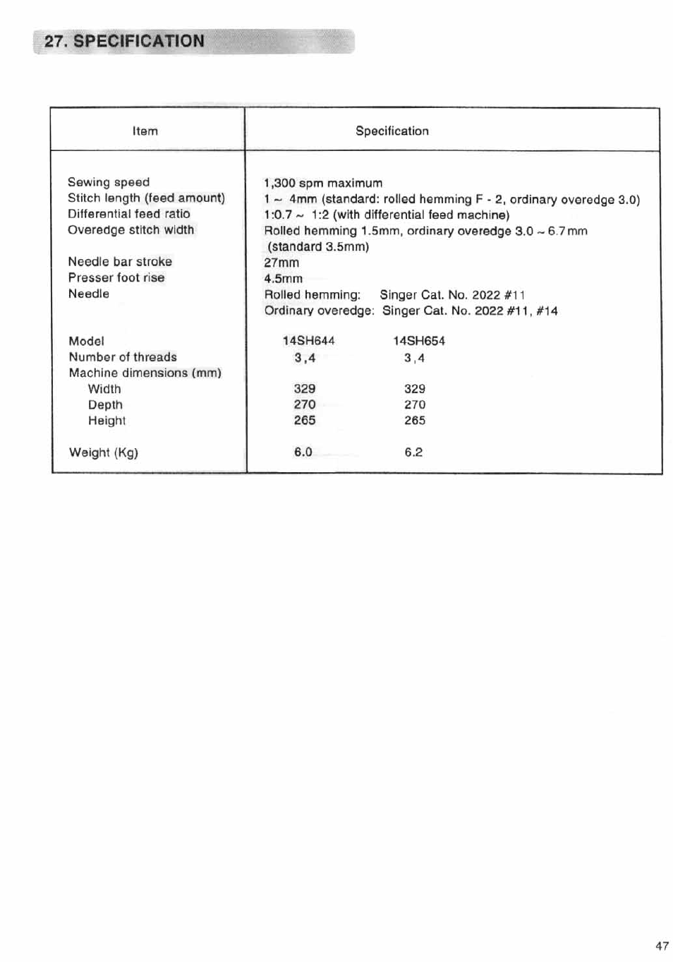 Specification | SINGER 14SH644 User Manual | Page 48 / 48