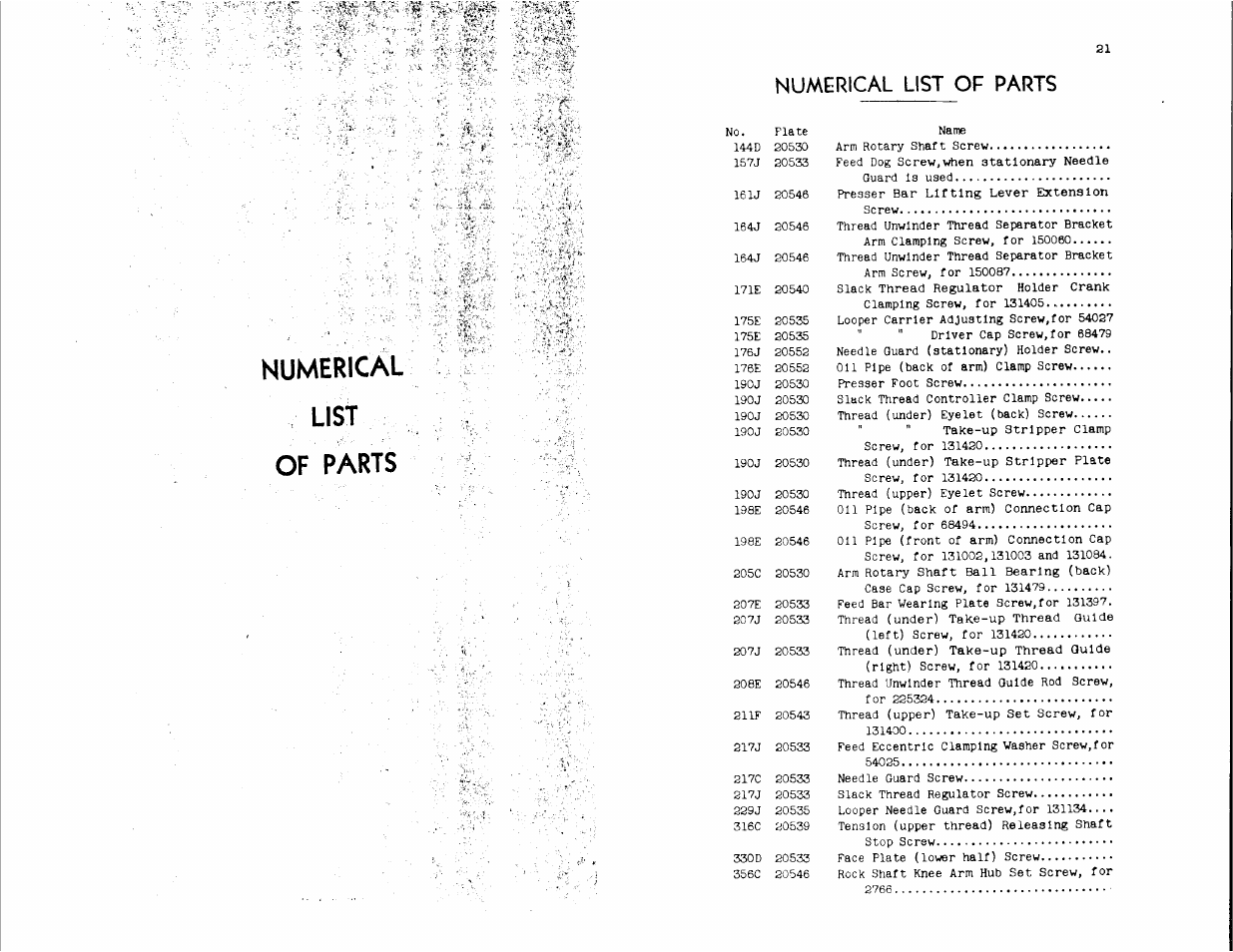 Numerical list of parts, Numerical, List of parts | SINGER 147-82 User Manual | Page 11 / 30