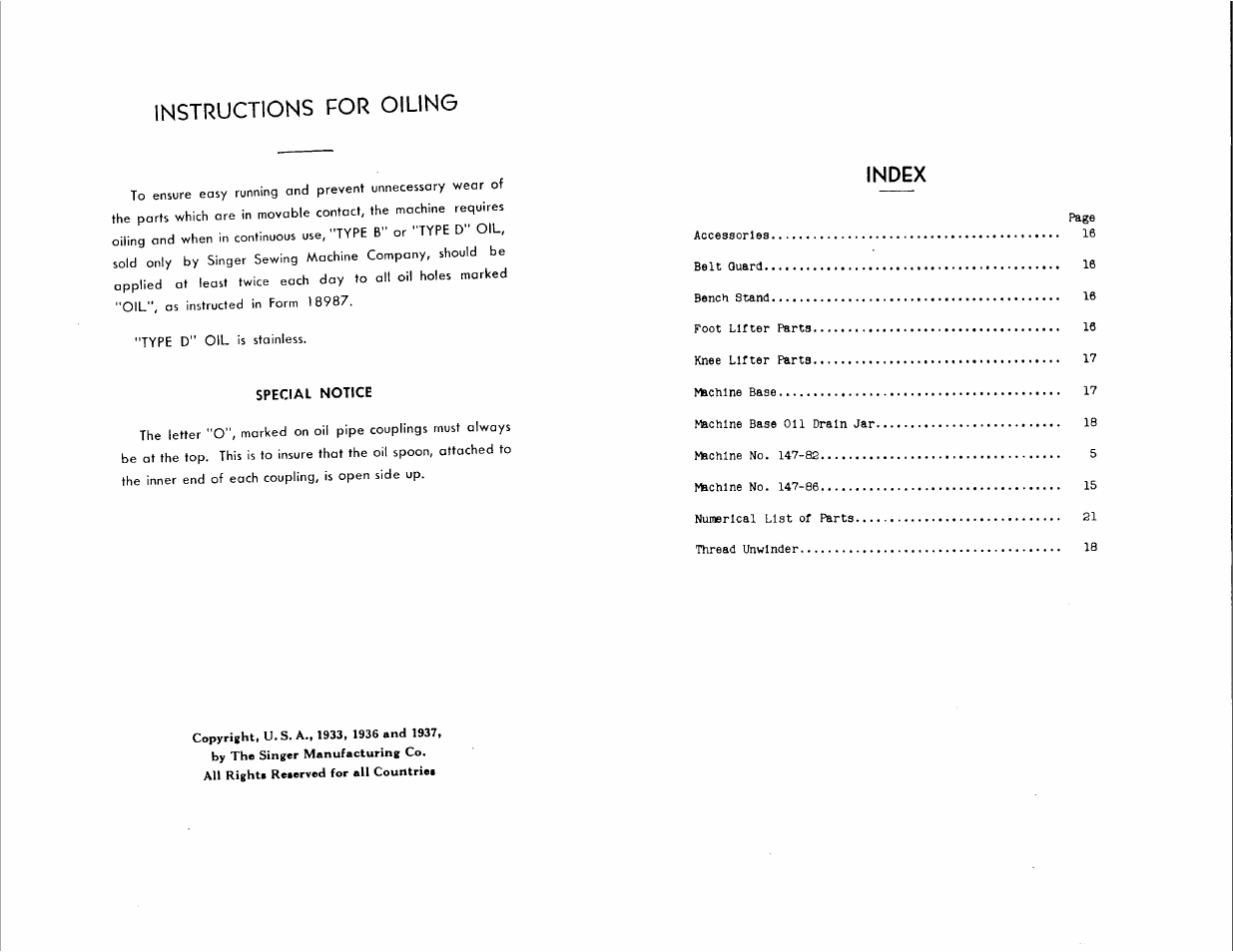 Instructions for oiling, Index | SINGER 147-82 User Manual | Page 2 / 30