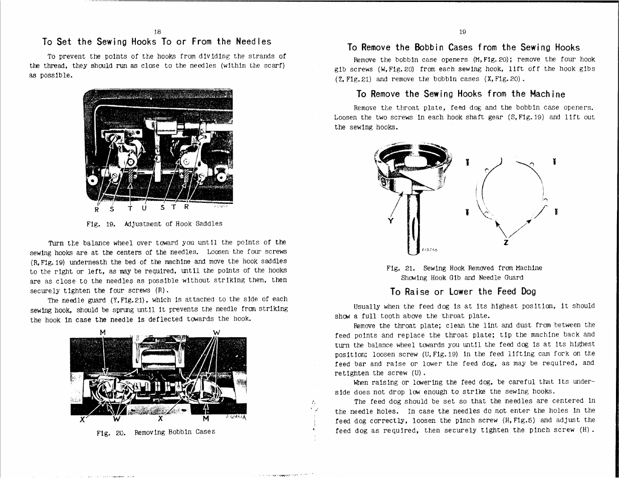 To set the sewing hooks to or from the needles, To remove the bobbin cases from the sewing hooks, To remove the sewing hooks from the machine | To raise or lower the feed dog | SINGER W203 User Manual | Page 11 / 13