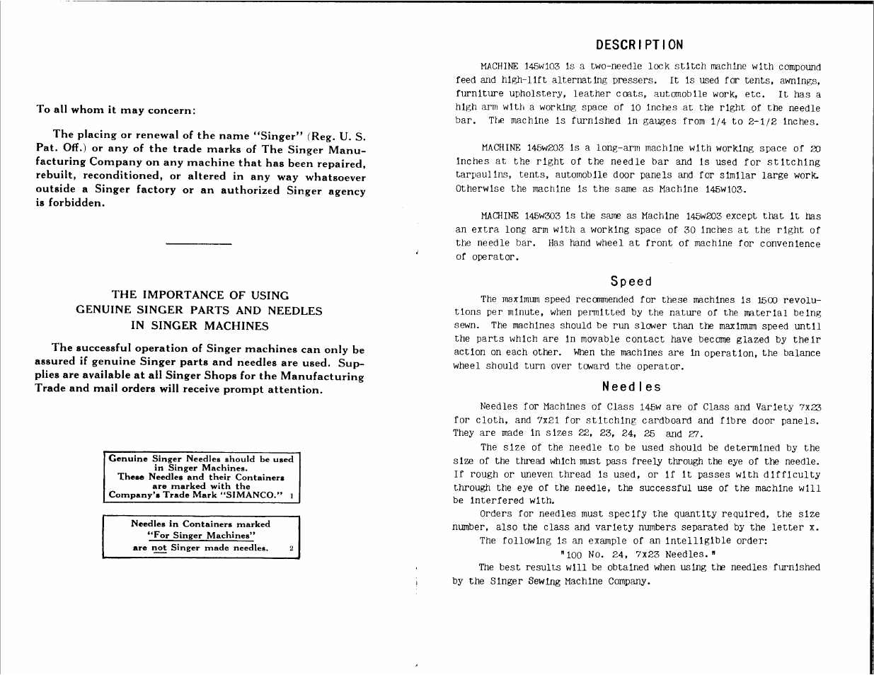 Description, Speed, Need ies | SINGER W203 User Manual | Page 3 / 13