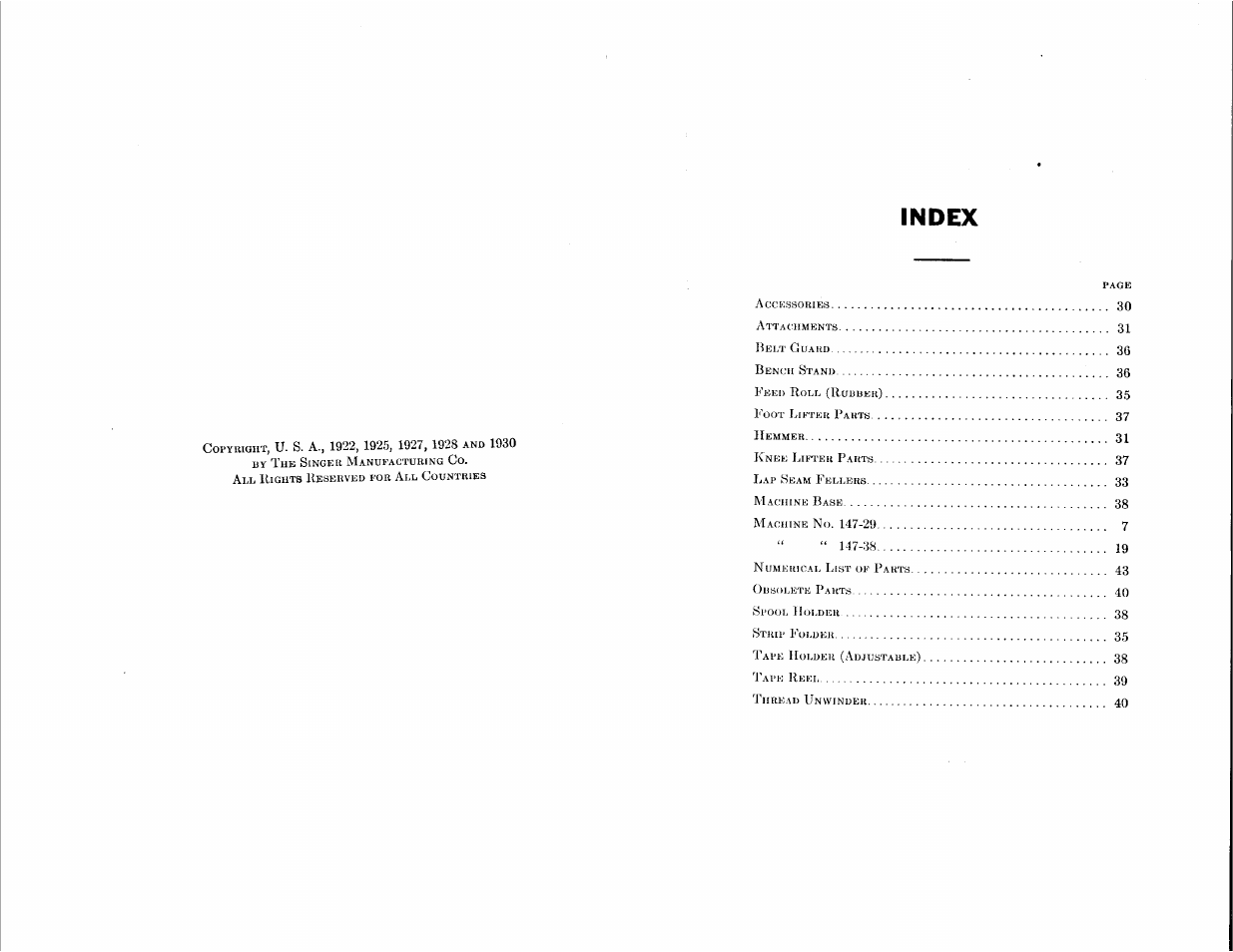 Index | SINGER 147-29 User Manual | Page 2 / 53