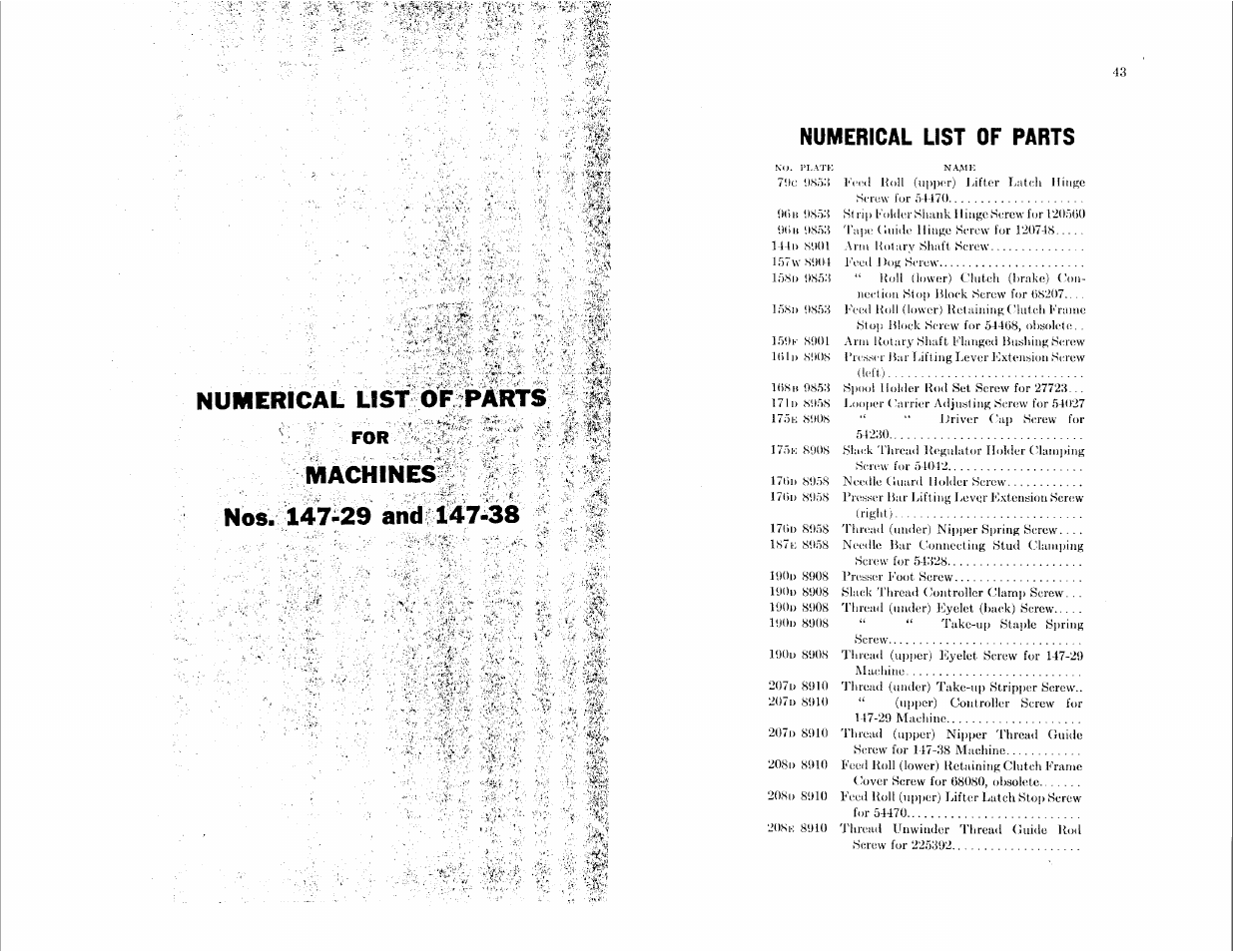 Numerical list of parts, Machines, Nos. i47i.29 and 147-38 | Umehical, Arts, F o r ' v | SINGER 147-29 User Manual | Page 21 / 53