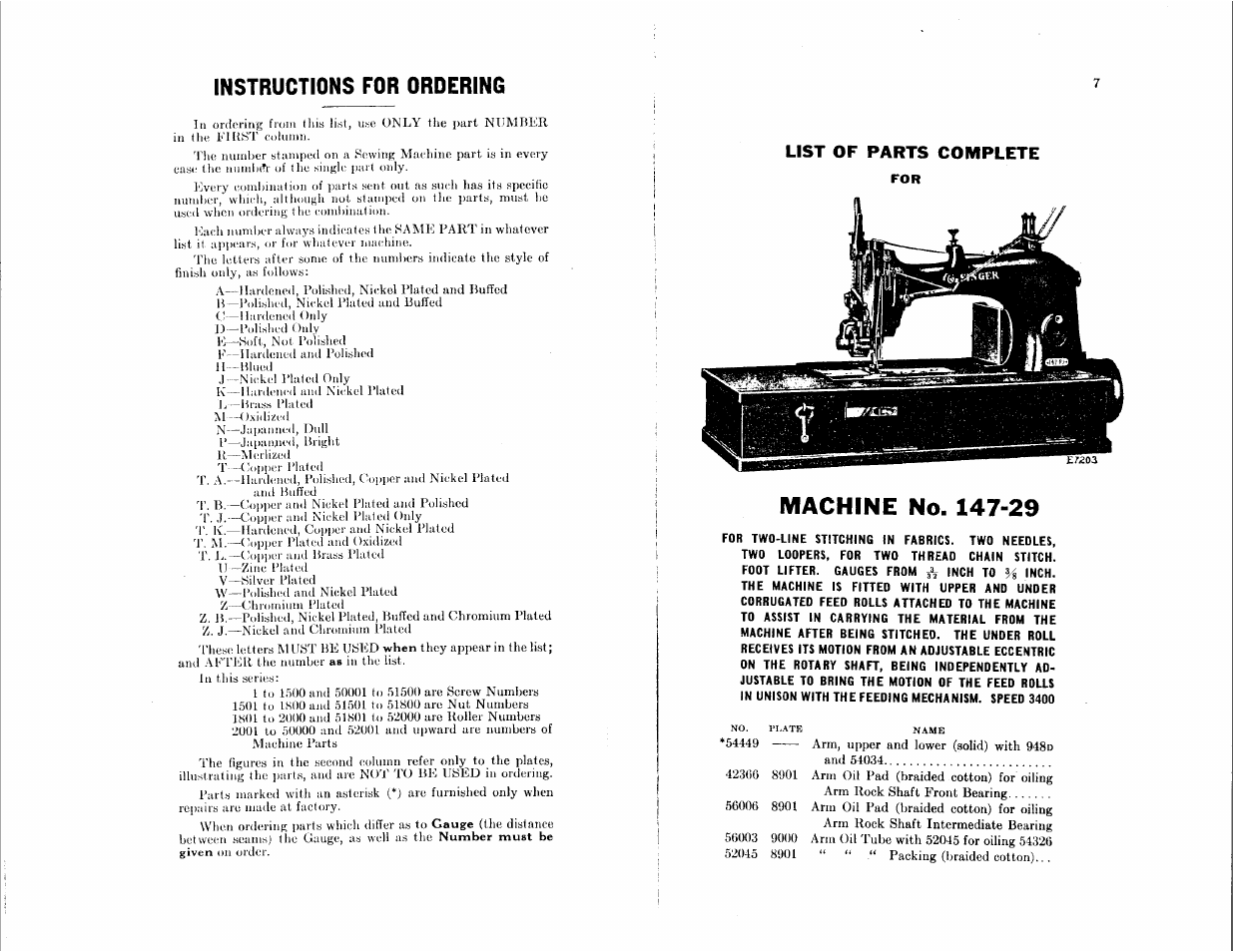 Instructions for ordering, Machine no. 147-29, Achine | List of parts complete | SINGER 147-29 User Manual | Page 3 / 53