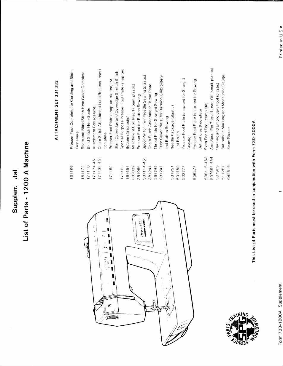 Supplerr. ital list of parts - 1 200 a machine | SINGER 1200A User Manual | Page 2 / 4