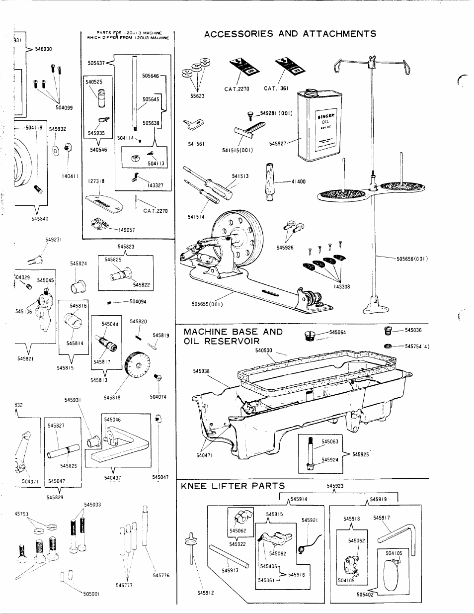 Accessories and attachments, Machine base and oil reservoir, Knee lifter parts | SINGER 120U User Manual | Page 5 / 9