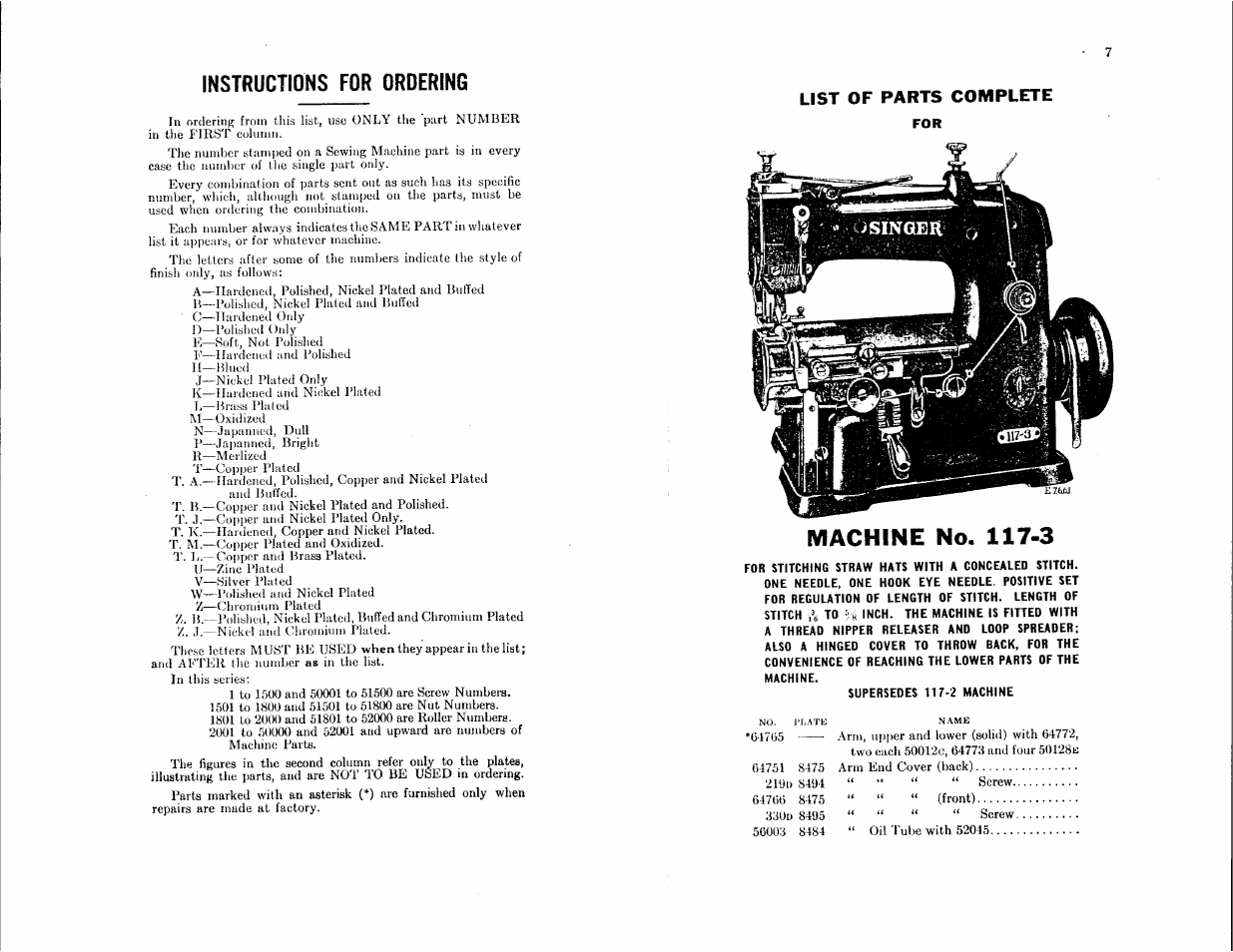 Instructions for ordering, Machine no. 117-3 | SINGER 117-4 User Manual | Page 3 / 39