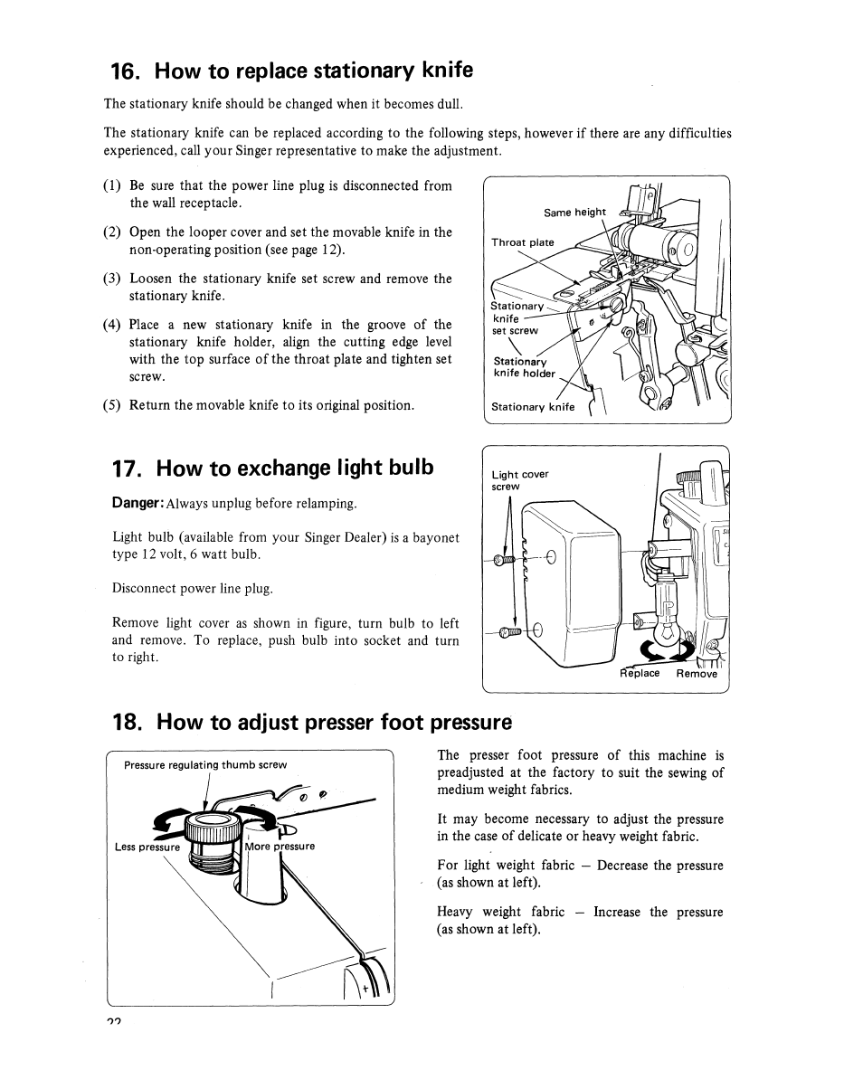 How to replace stationary knife, How to exchange light bulb, How to adjust presser foot pressure | SINGER 14U 34B/234B User Manual | Page 26 / 31