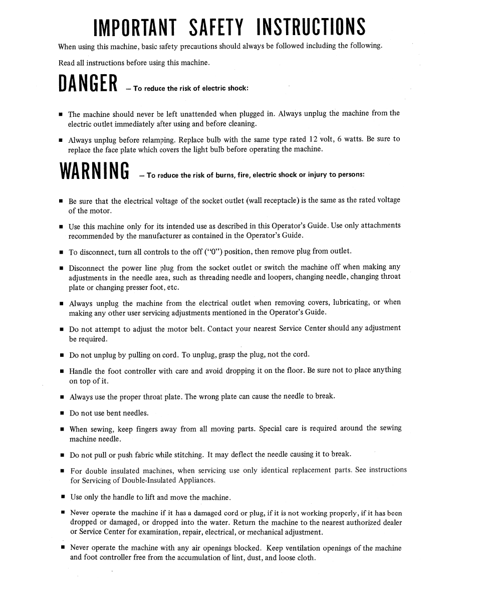 Important safety instructions, Danger, Warning | SINGER 14U 34B/234B User Manual | Page 3 / 31