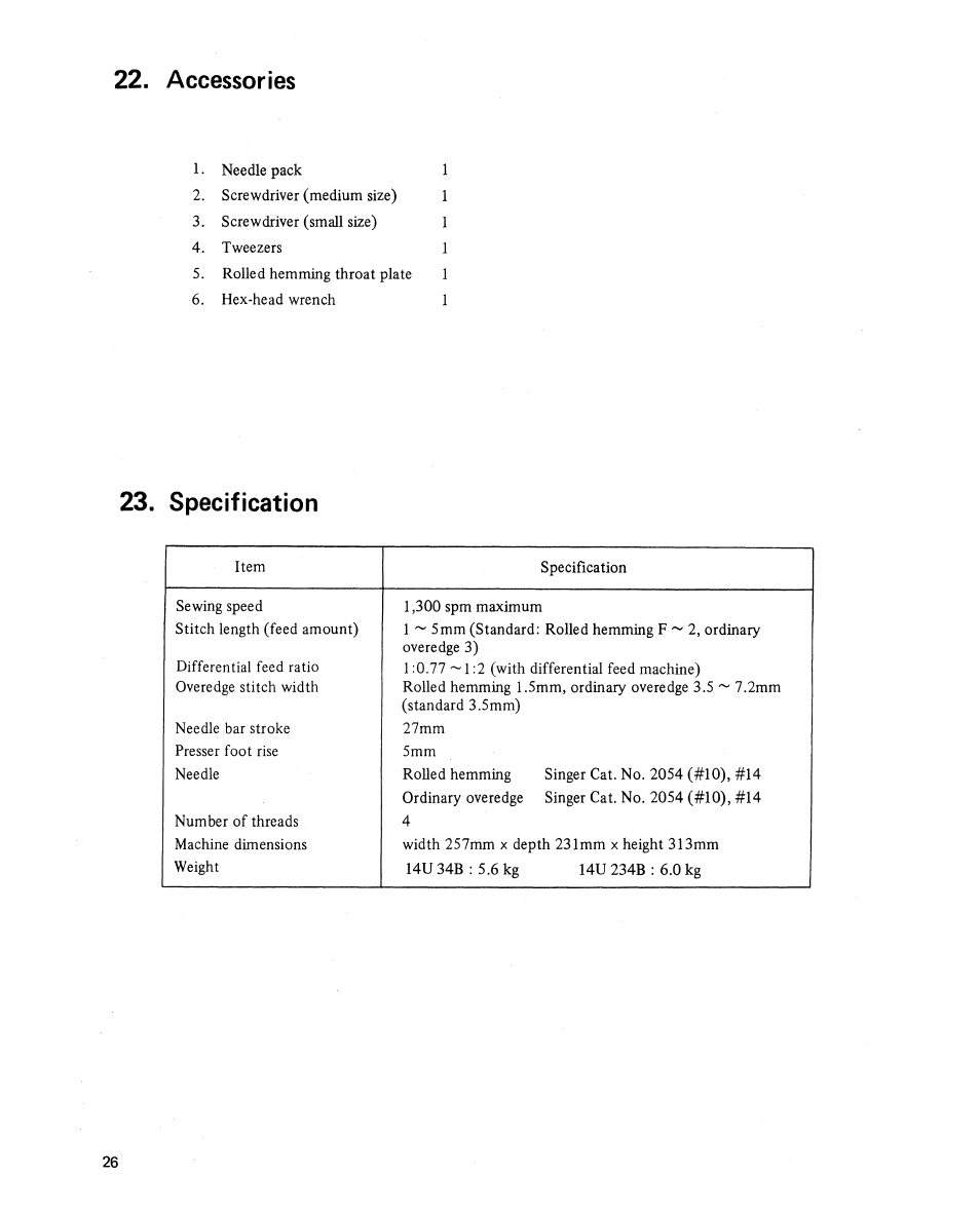 Accessories, Specification | SINGER 14U 34B/234B User Manual | Page 30 / 31