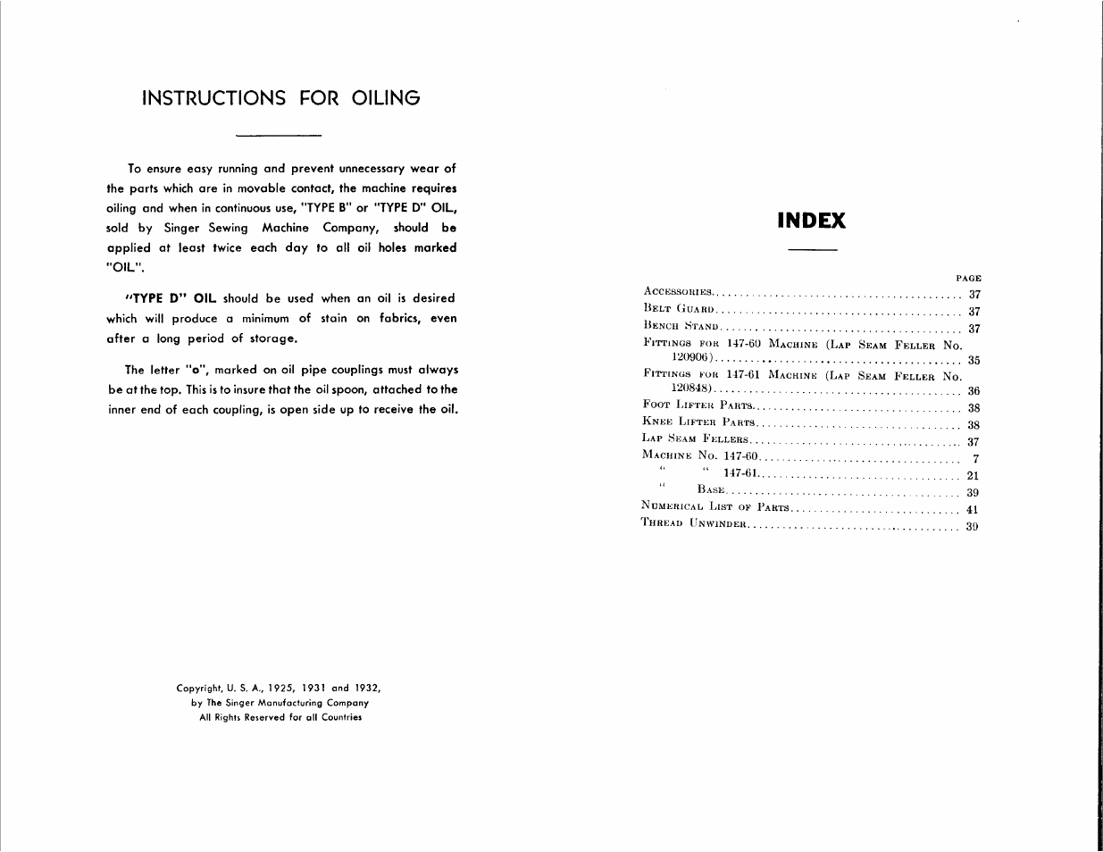 Instructions for oiling, Index | SINGER 147-60 User Manual | Page 2 / 46