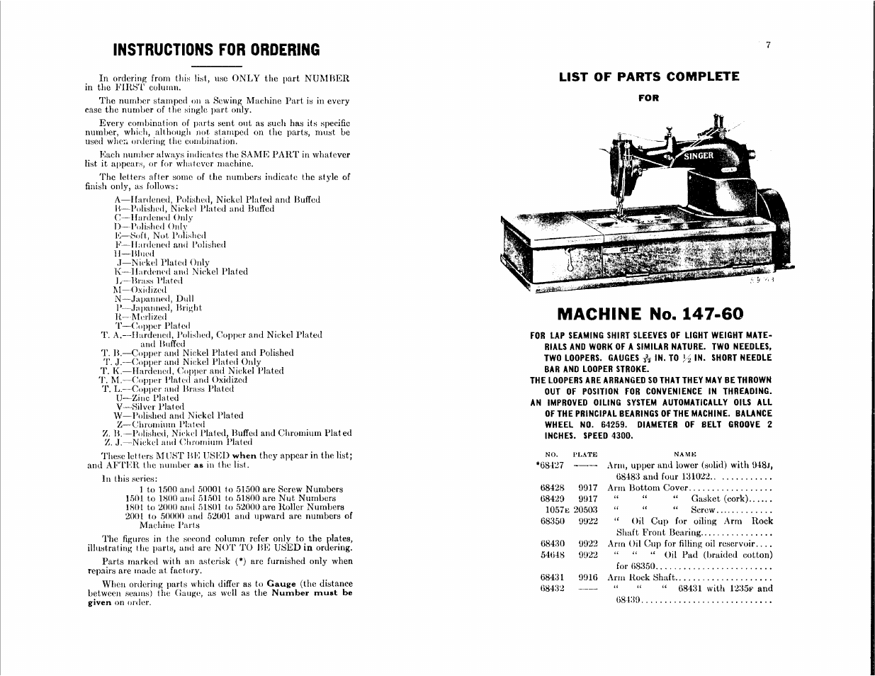 List of parts complete, Instructions for ordering | SINGER 147-60 User Manual | Page 3 / 46