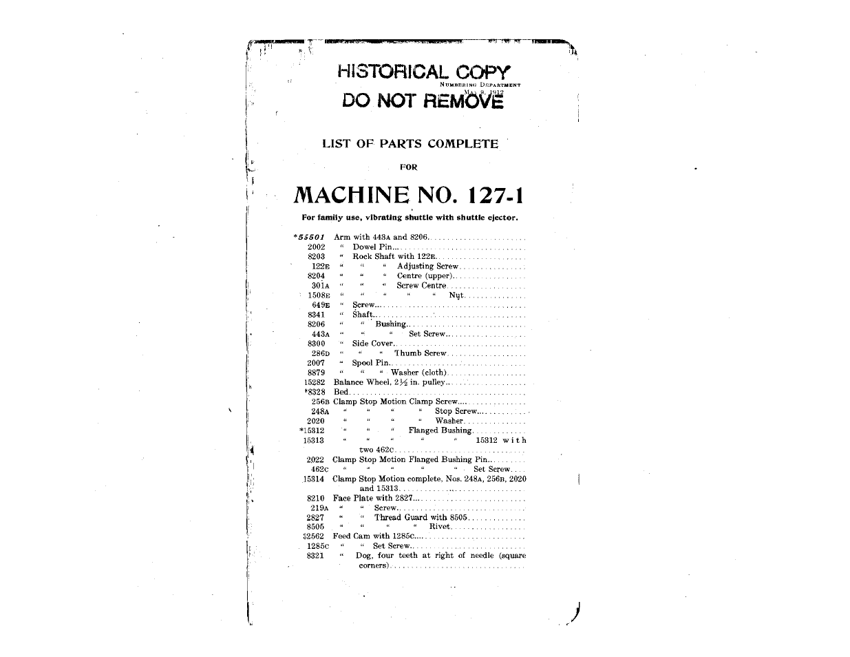 Historical copy, Do not remdvi, List of parts complete | Machine no. 127-1 | SINGER 127-1 User Manual | Page 3 / 5