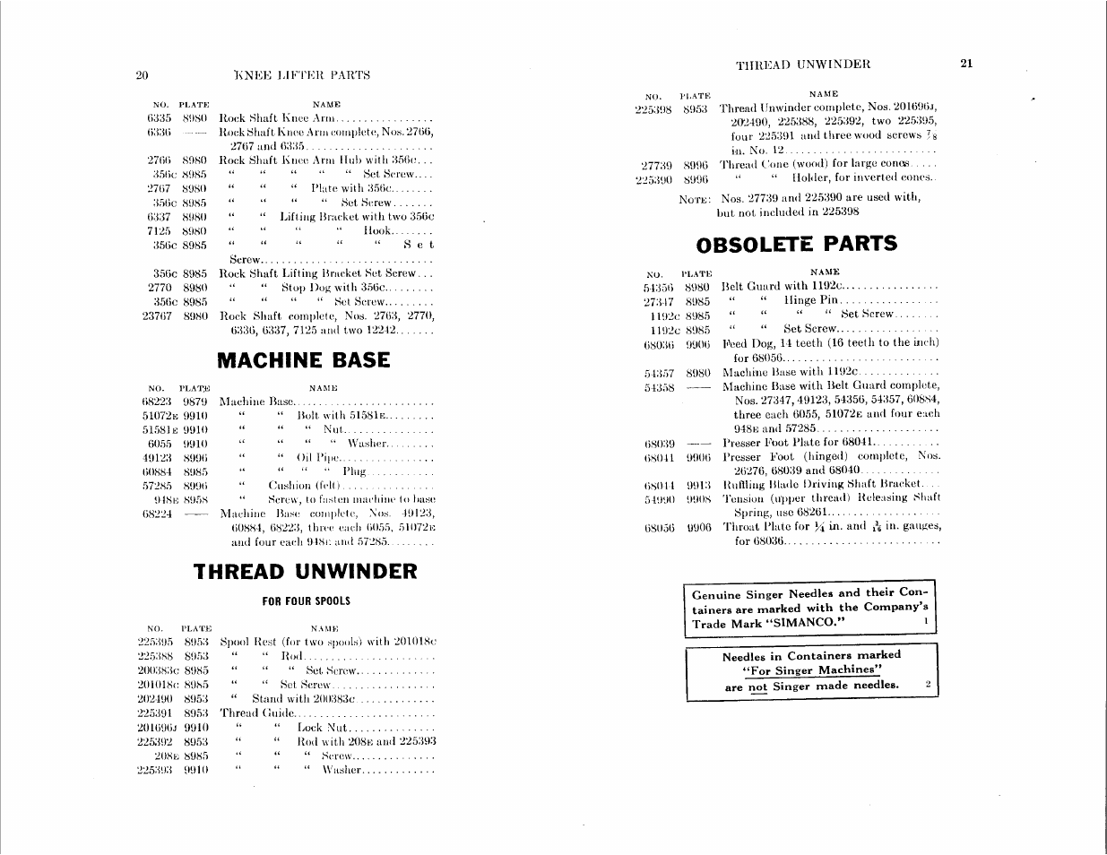 Machine base, Thread unwinder, Obsolete parts | SINGER 147-36 User Manual | Page 10 / 32