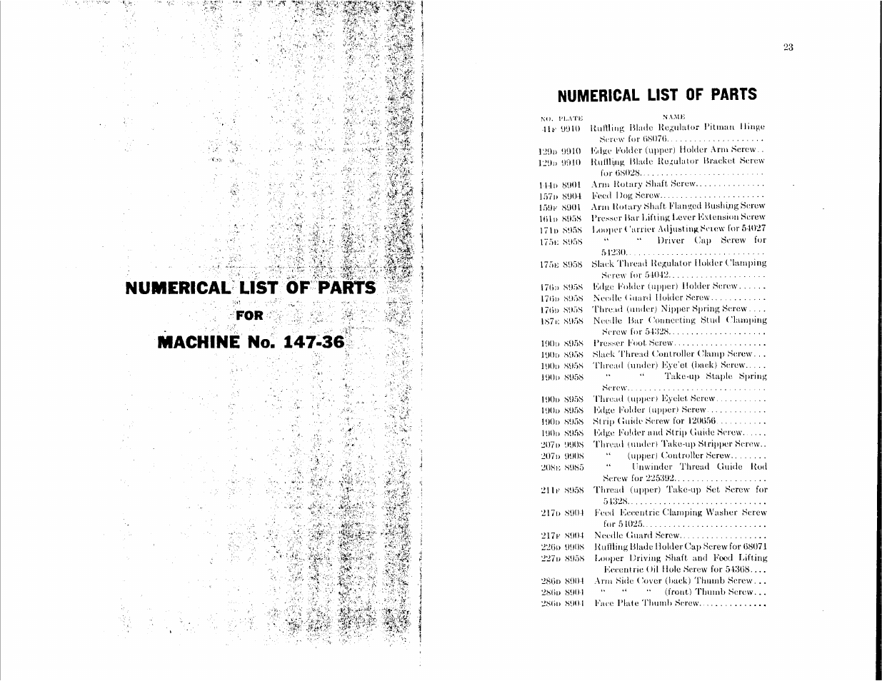 Numerical list of parts, Machine no. 147-36, Umerical | Arts | SINGER 147-36 User Manual | Page 11 / 32