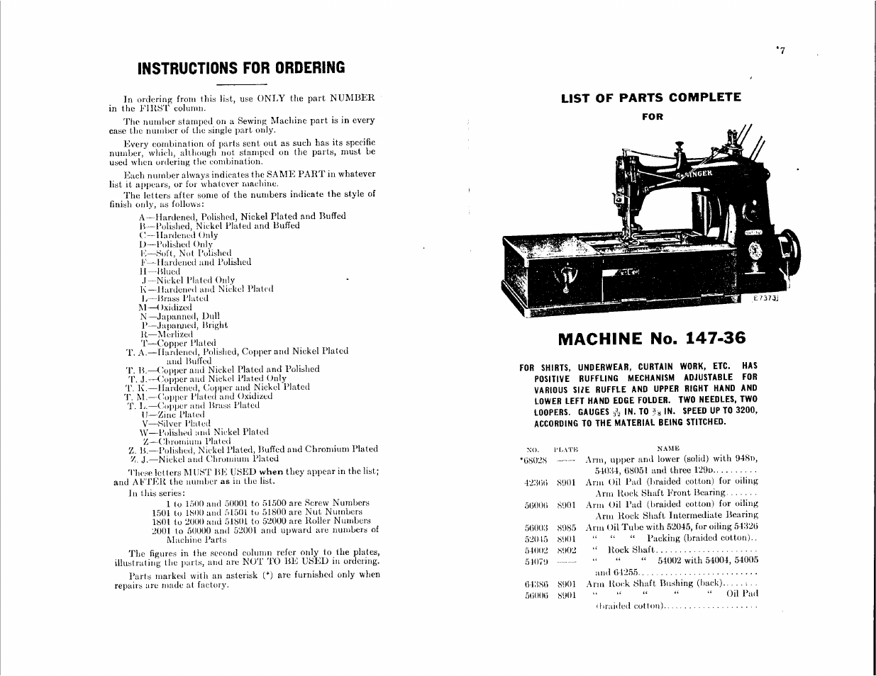 Instructions for ordering, Machine no. 147-36 | SINGER 147-36 User Manual | Page 3 / 32