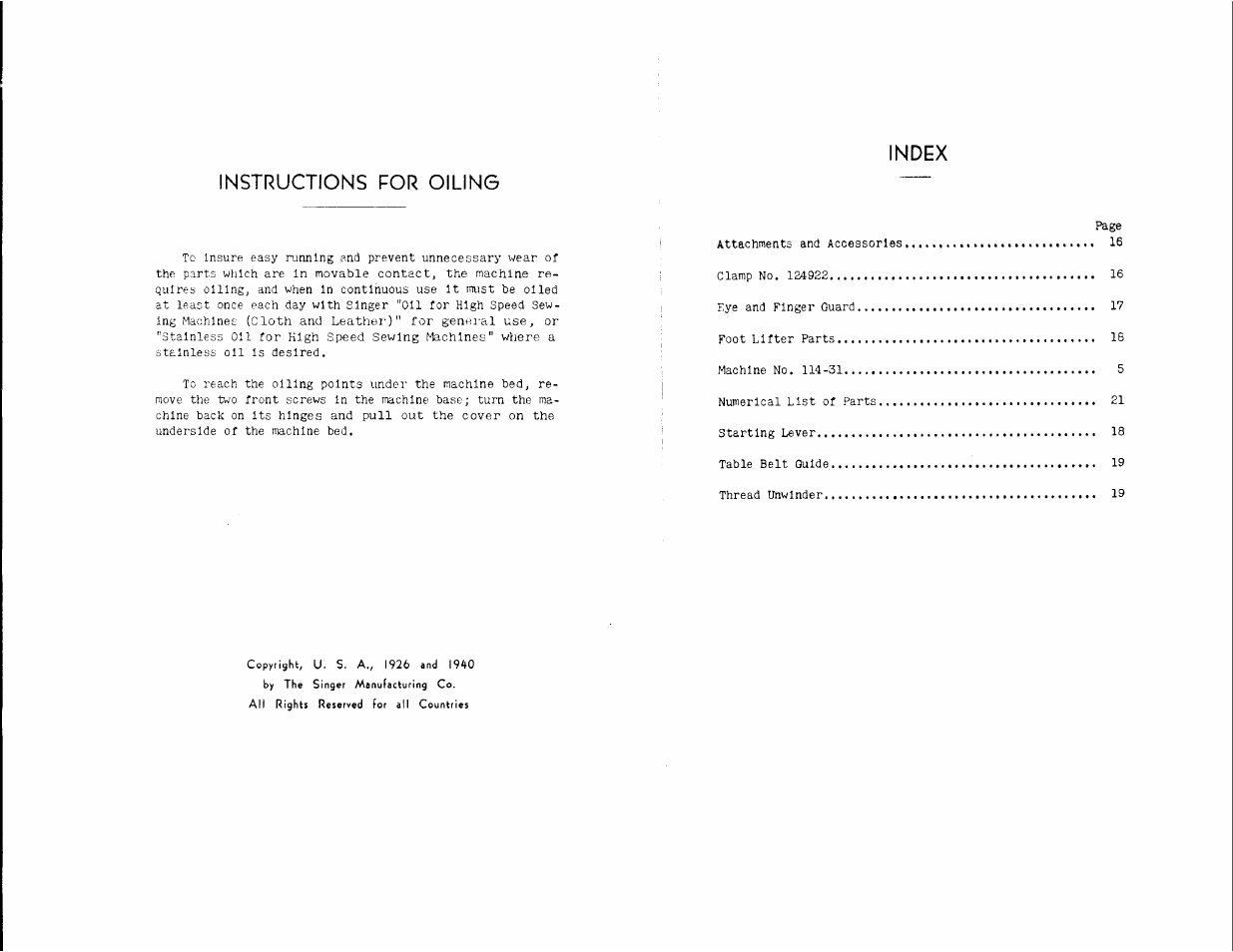 Instructions for oiling, Index | SINGER 114-31 User Manual | Page 2 / 24