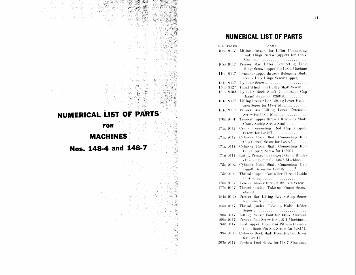 Numerical list of parts | SINGER 148-4 User Manual | Page 21 / 51