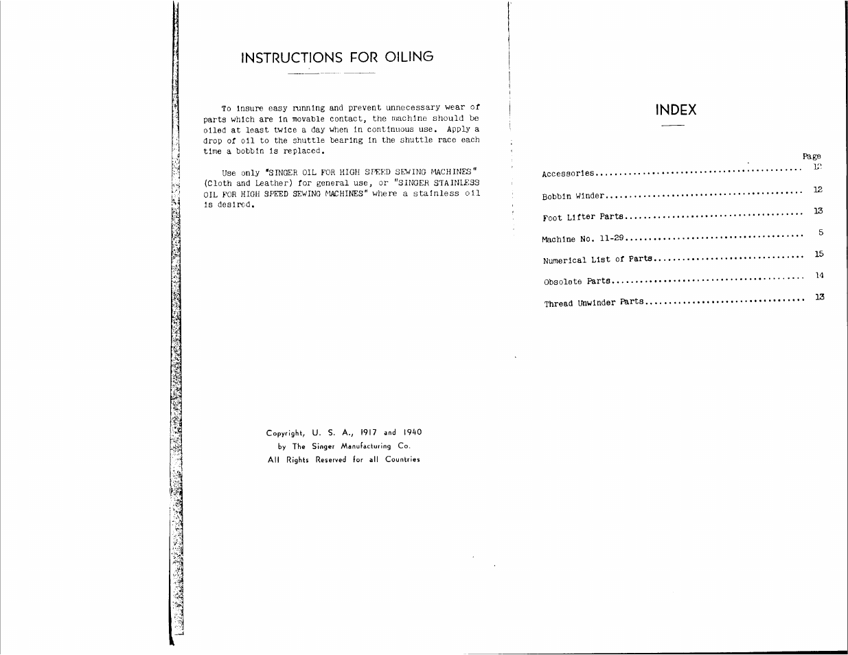 Instructions for oiling, Index | SINGER 11-29 User Manual | Page 2 / 19