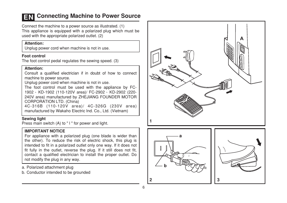 Connecting machine to power source | SINGER 1408 User Manual | Page 13 / 62